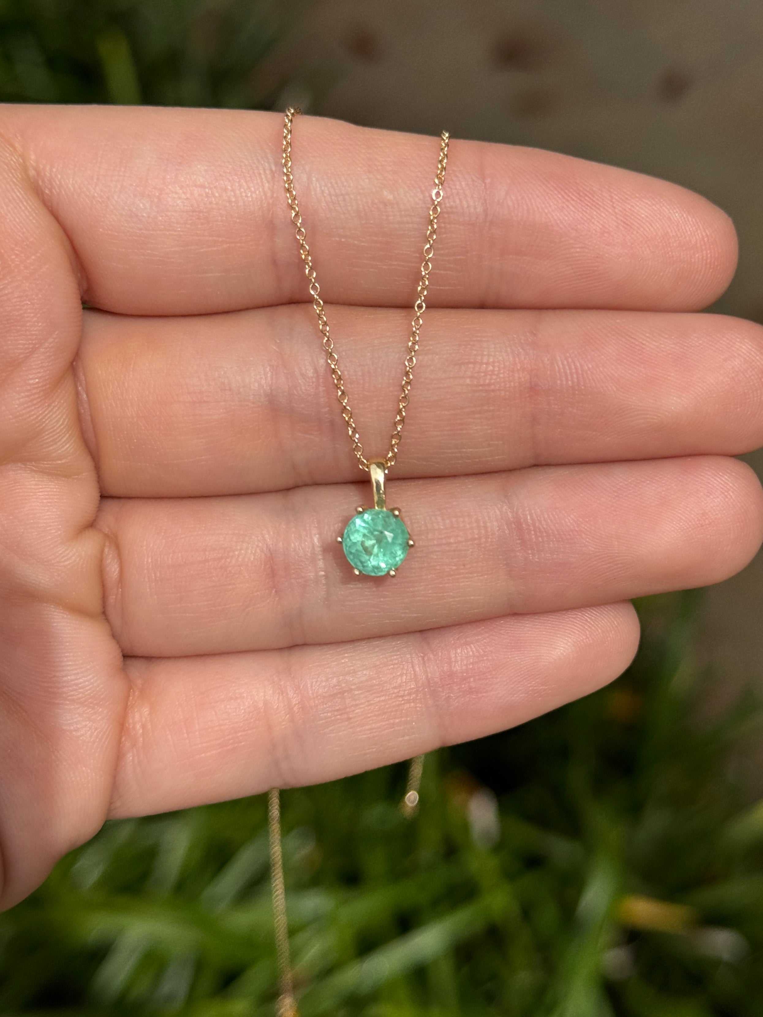 14K gold Tiffany-style emerald solitaire necklace with 1.14 carat round emerald gemstone by JR Colombian Emeralds.