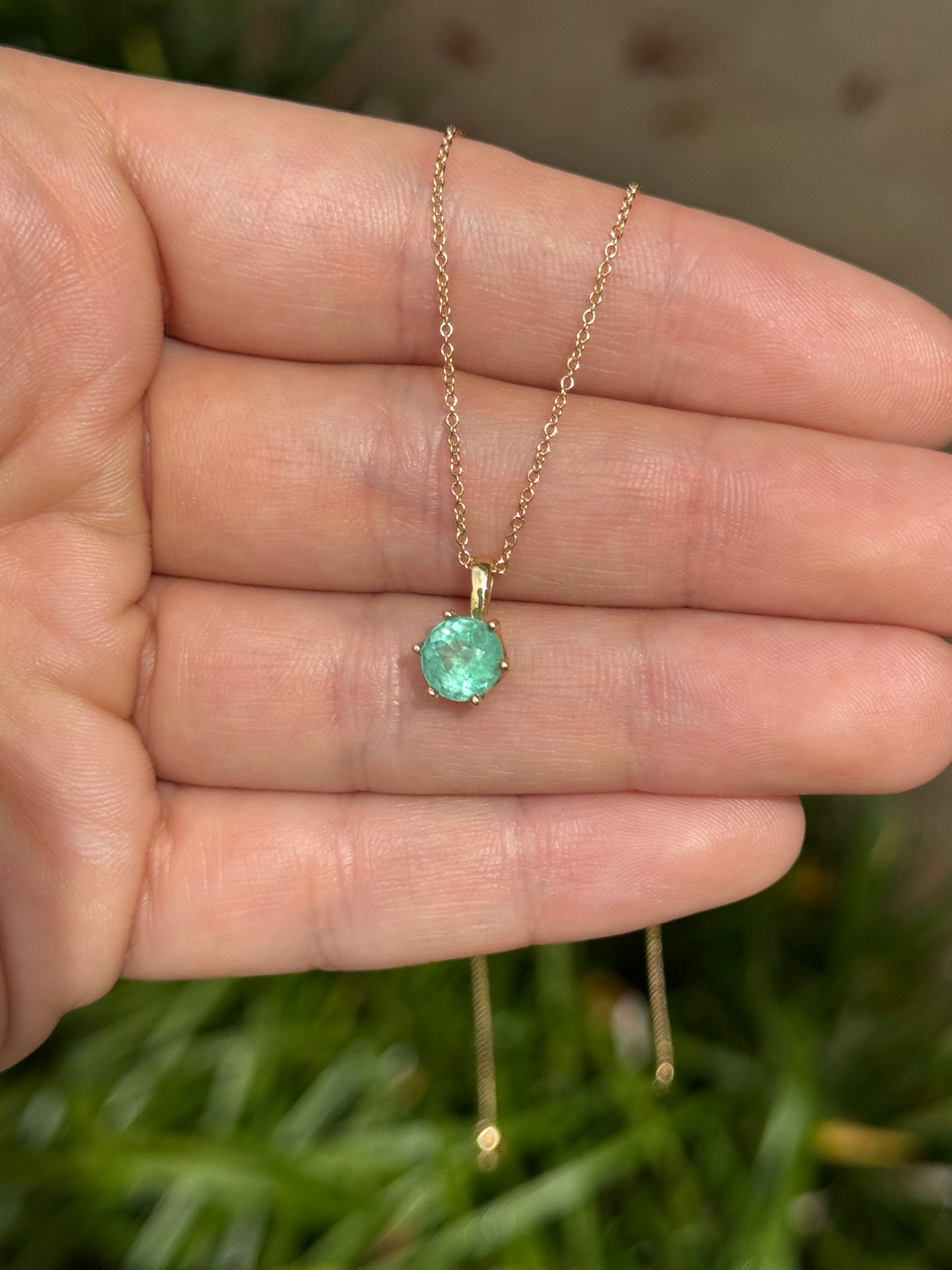 14K gold Tiffany-style emerald solitaire necklace with a 1.14ct round Colombian emerald, jewelry by JR Colombian Emeralds.