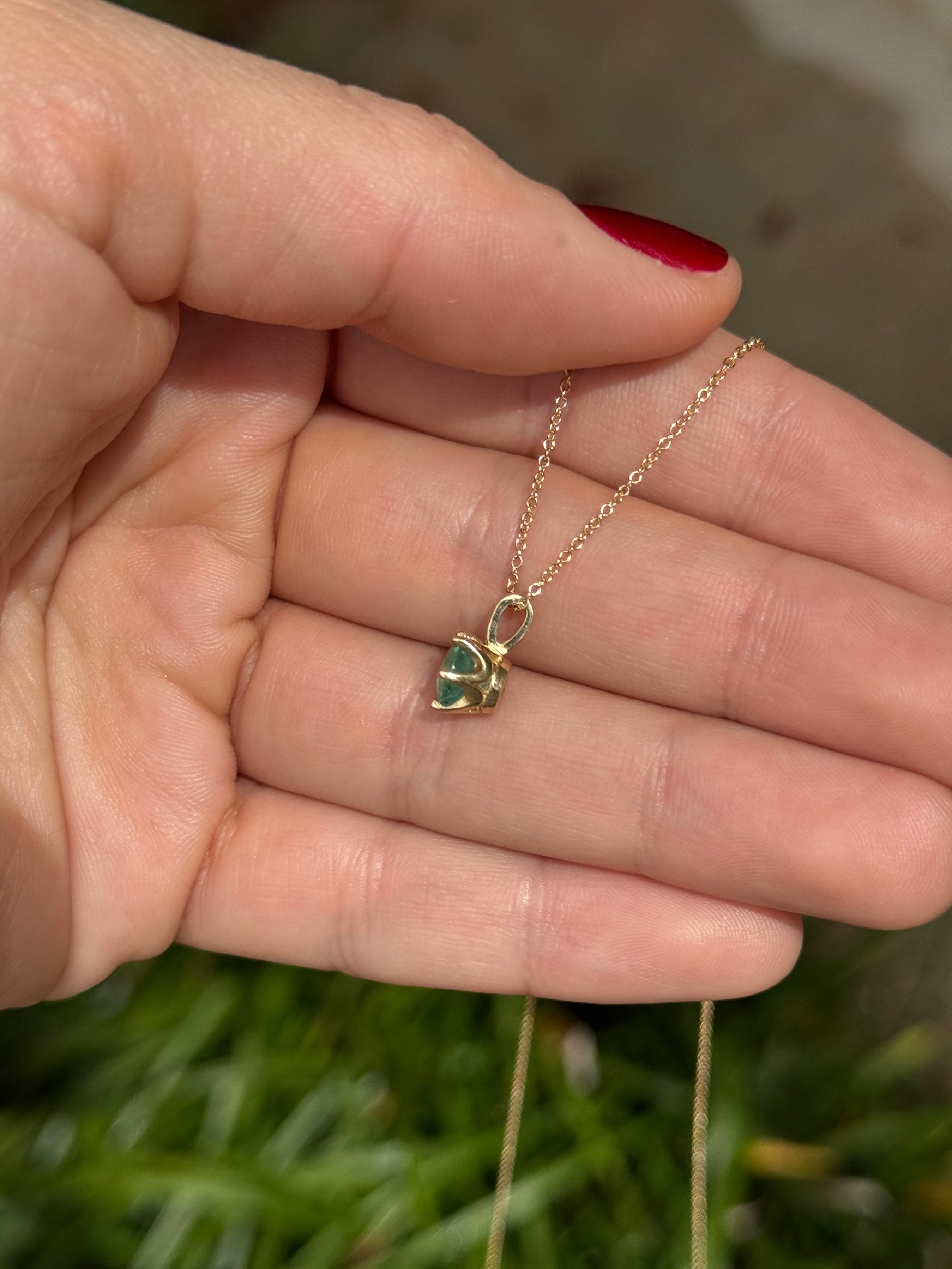 14K gold Tiffany-style emerald solitaire necklace with 1.14-carat round emerald by JR Colombian Emeralds.