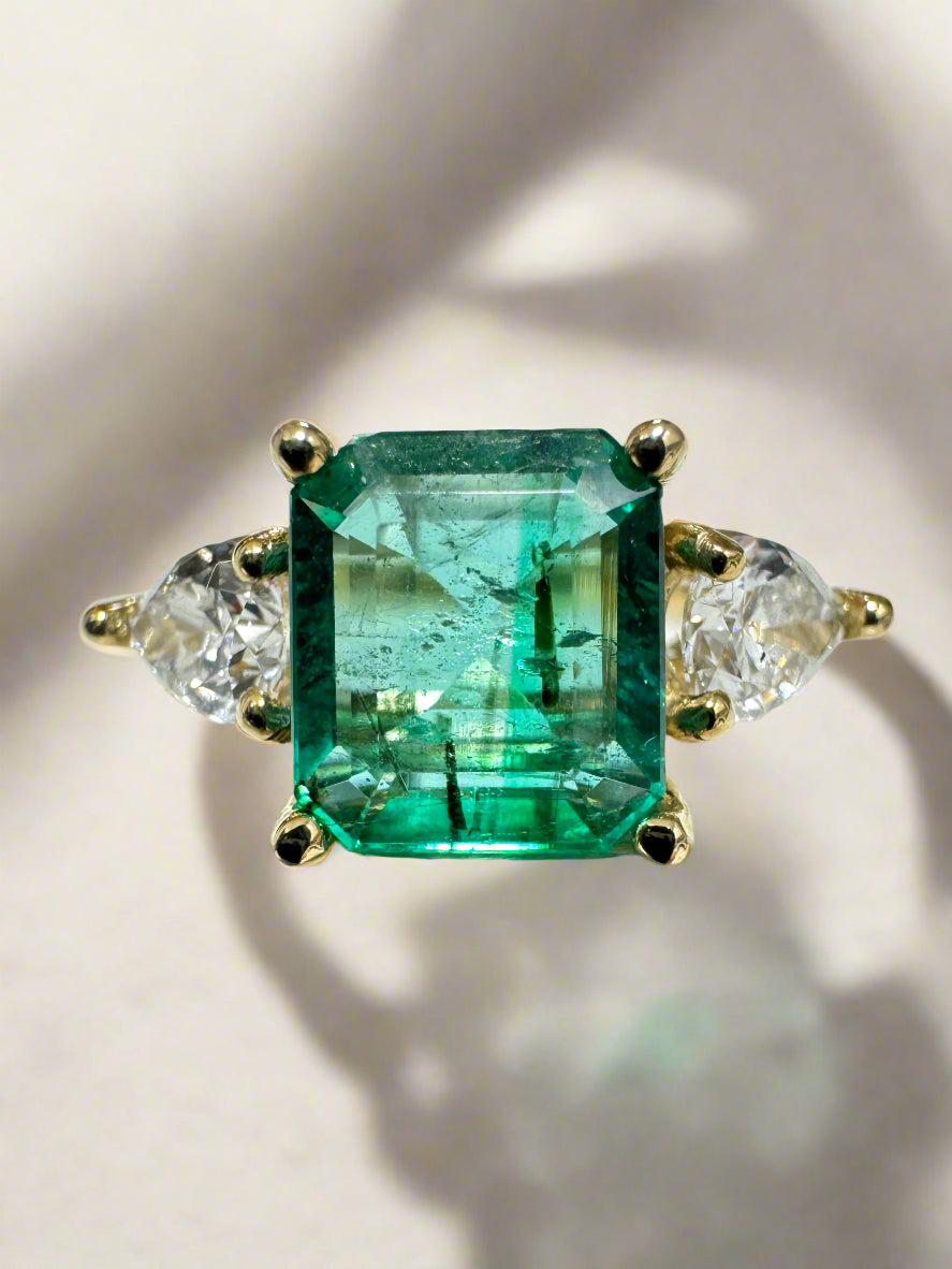 2.55tcw 14K Natural Freckled Asscher Cut Emerald & Lab Pear Diamond Three Stone Engagement Ring - JR Colombian Emeralds