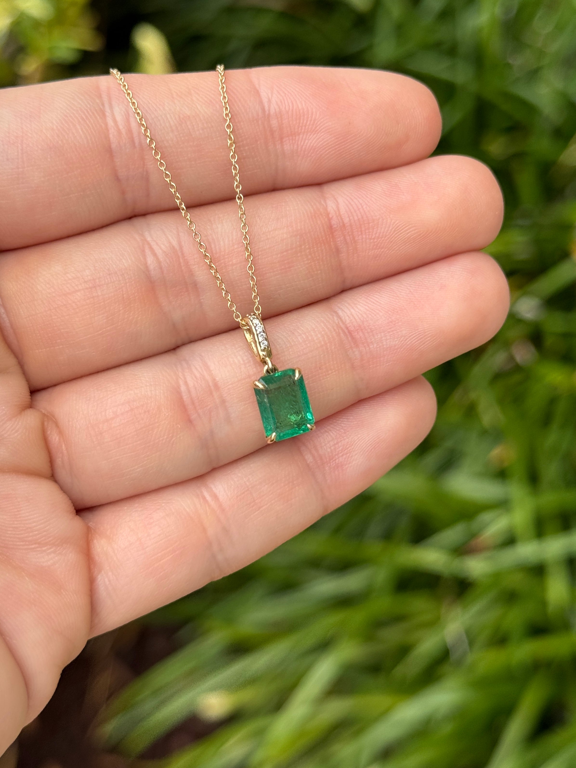 Emerald cut emerald pendant with diamond bail, 14K gold, handcrafted jewelry by JR Colombian Emeralds.