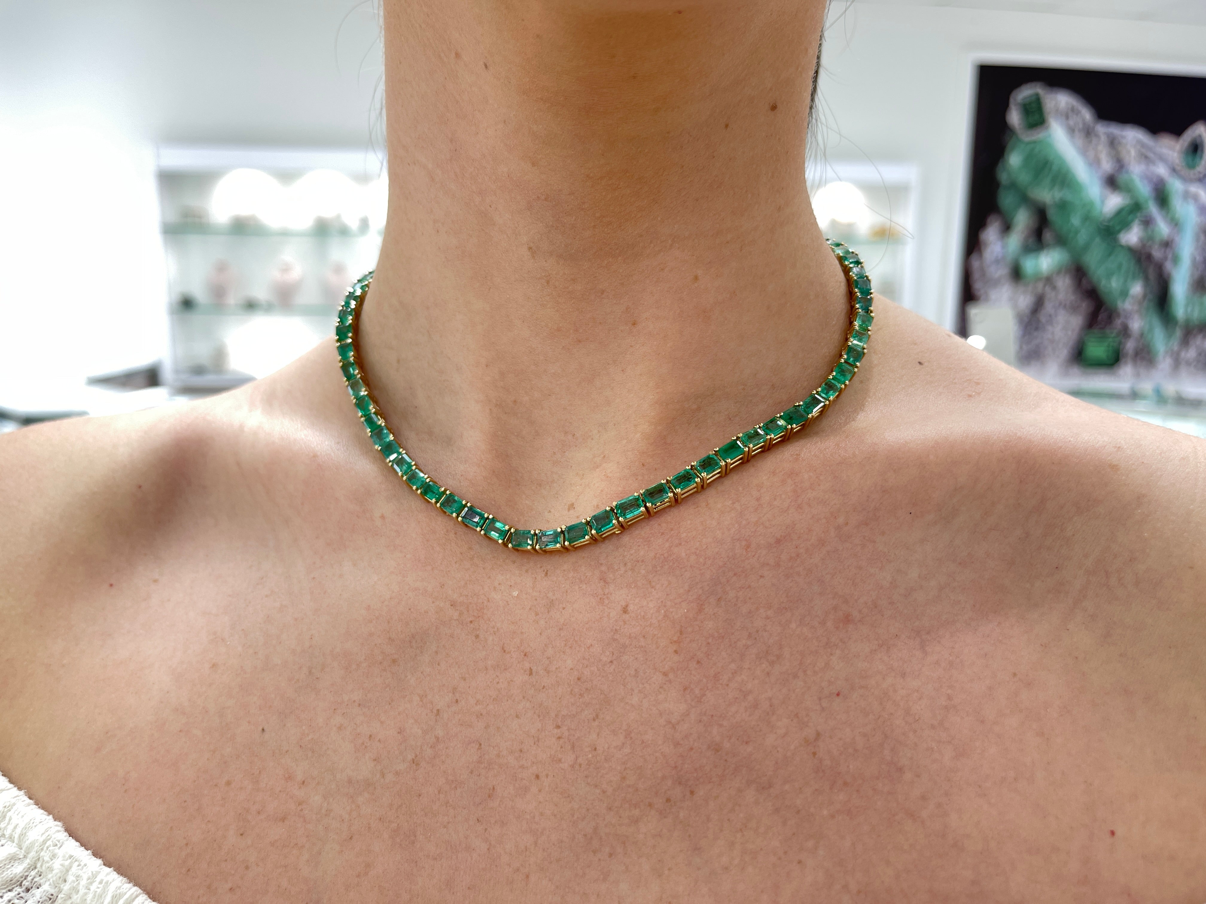 46.28 CARAT Large Emerald Cut Prong Tennis Necklace Solid 14K Yellow Gold