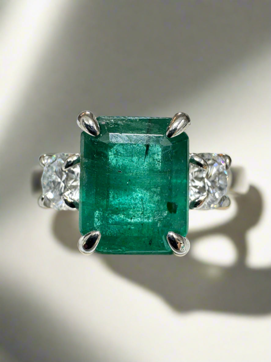 4.31tcw 14K Natural Emerald Cut Emerald & LAB Round Diamond Three Stone Ring - JR Colombian Emeralds