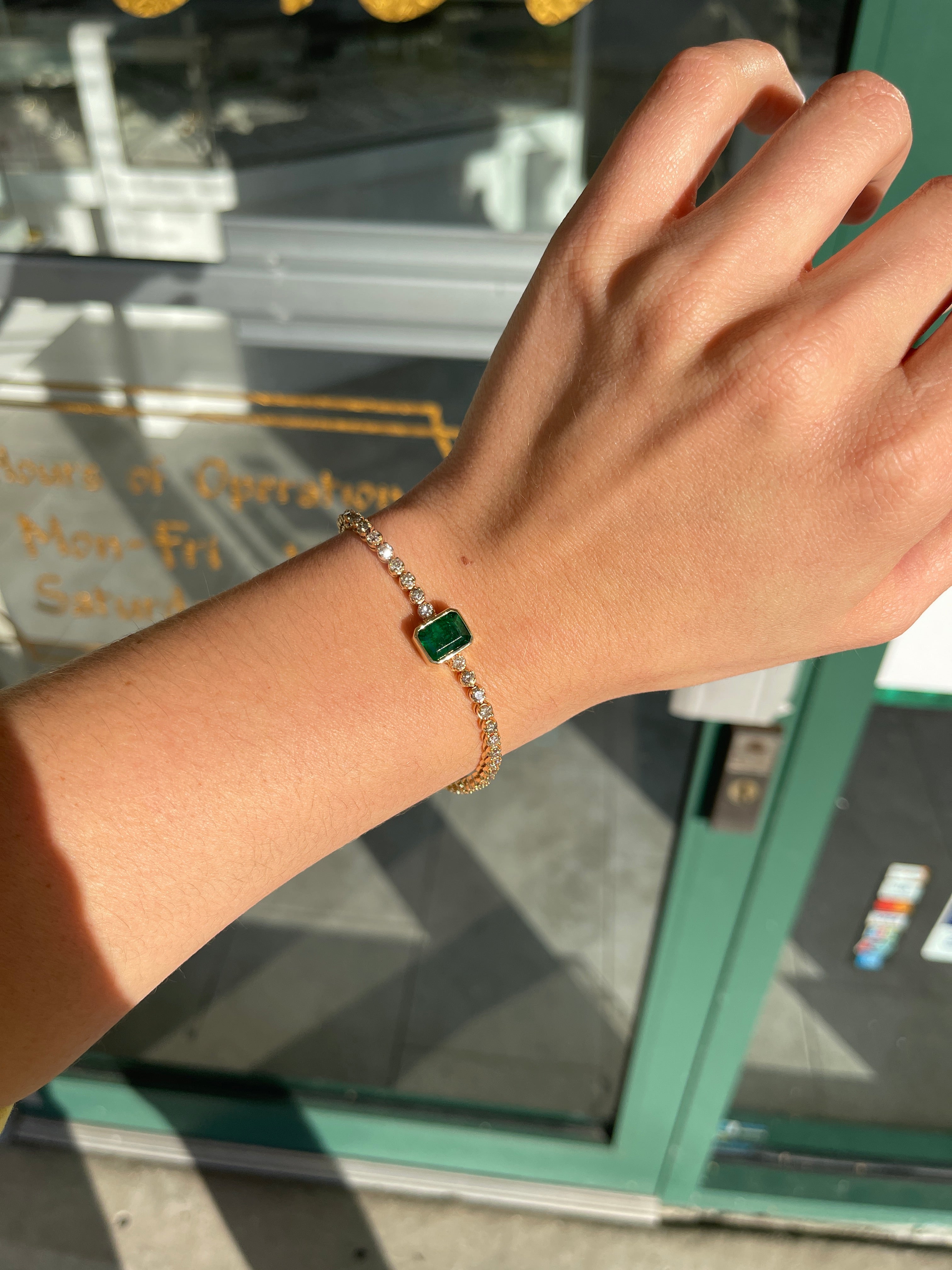 5.86tcw Vivid Green Bezel Emerald & Diamond Tennis Bracelet 14K - JR Colombian Emeralds