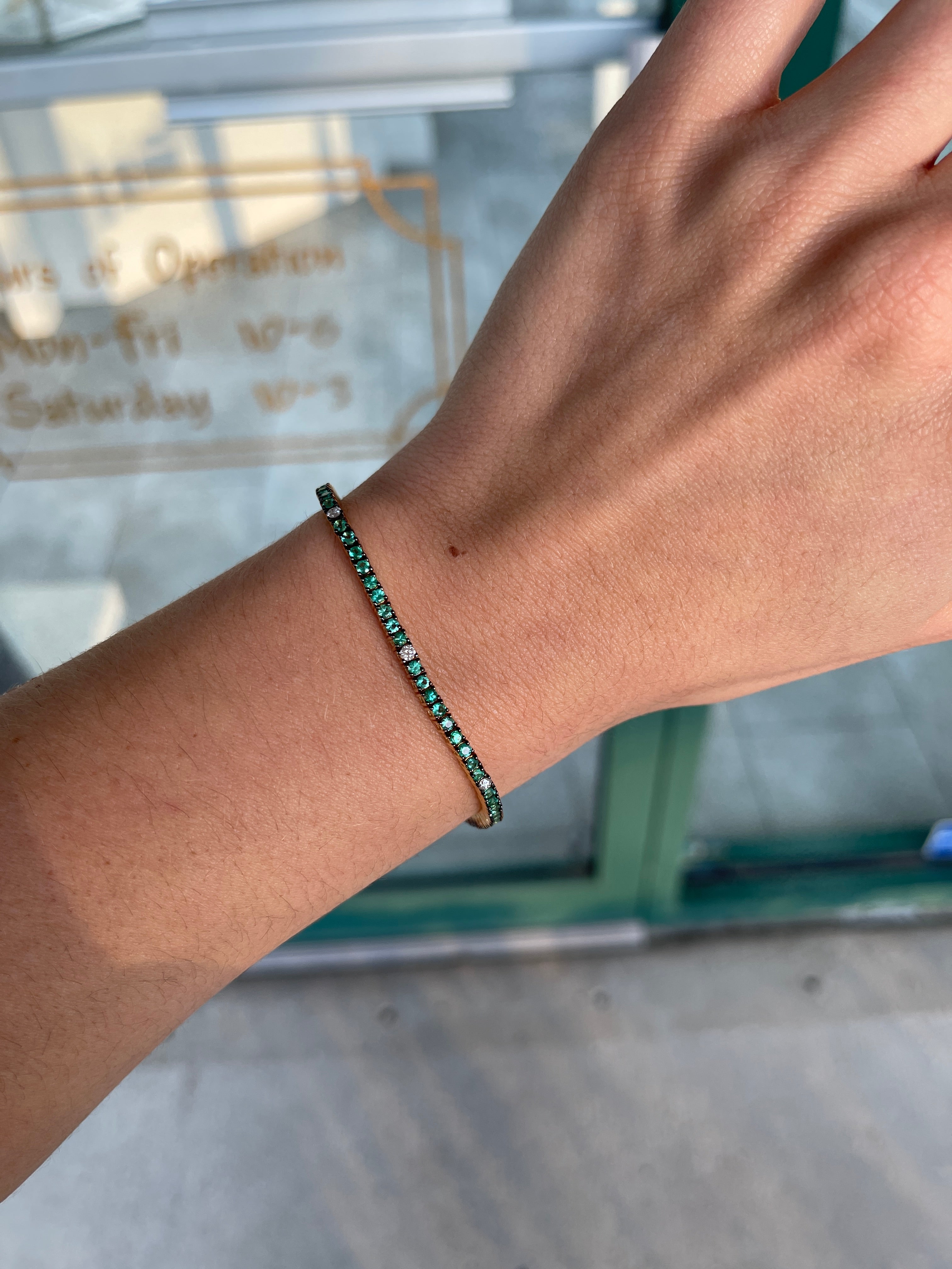 2.58tcw Emerald & Diamond Tennis Bracelet with Blackened Gold Rim 14K - JR Colombian Emeralds