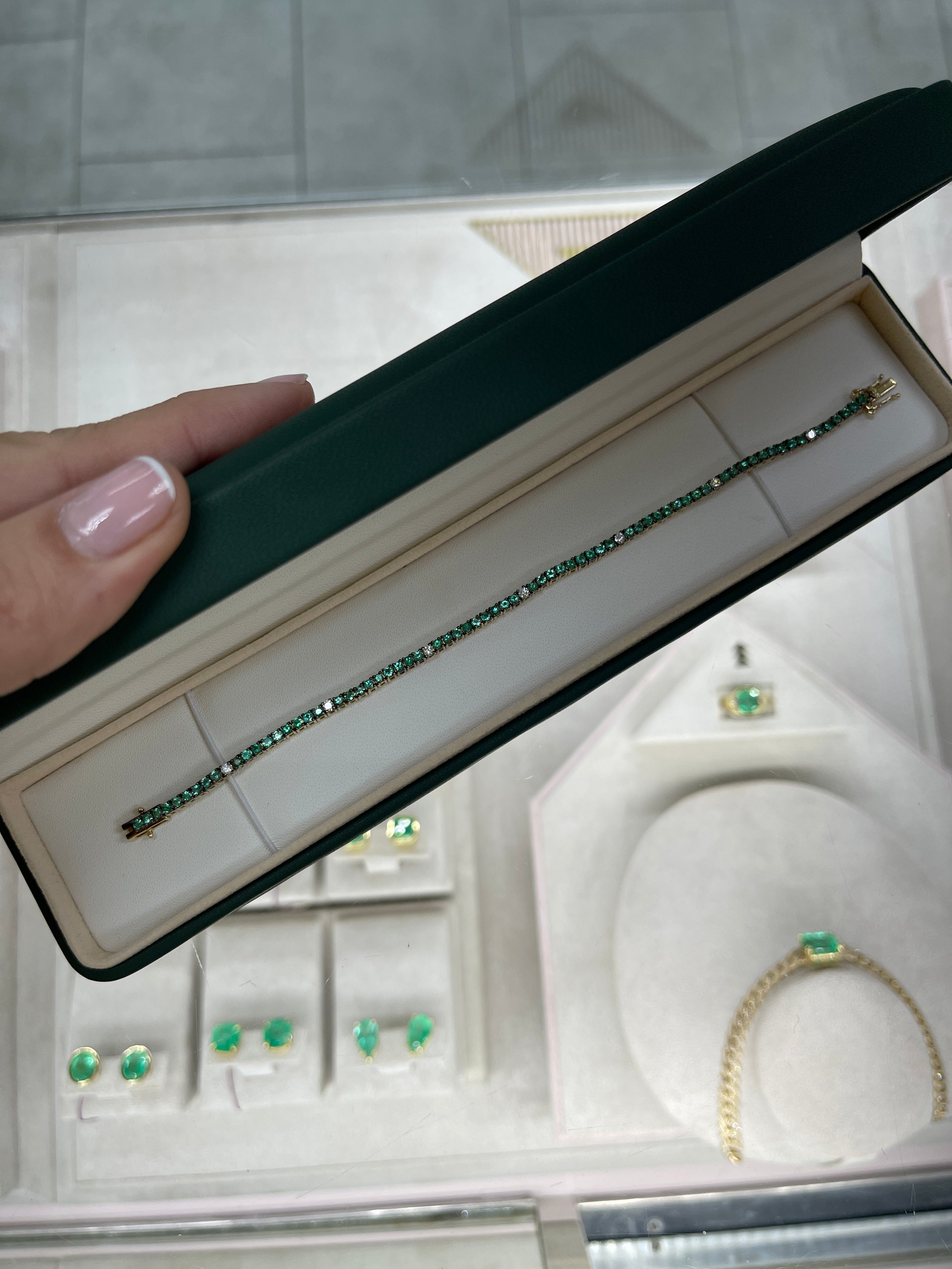 2.58tcw Emerald & Diamond Tennis Bracelet with Blackened Gold Rim 14K - JR Colombian Emeralds