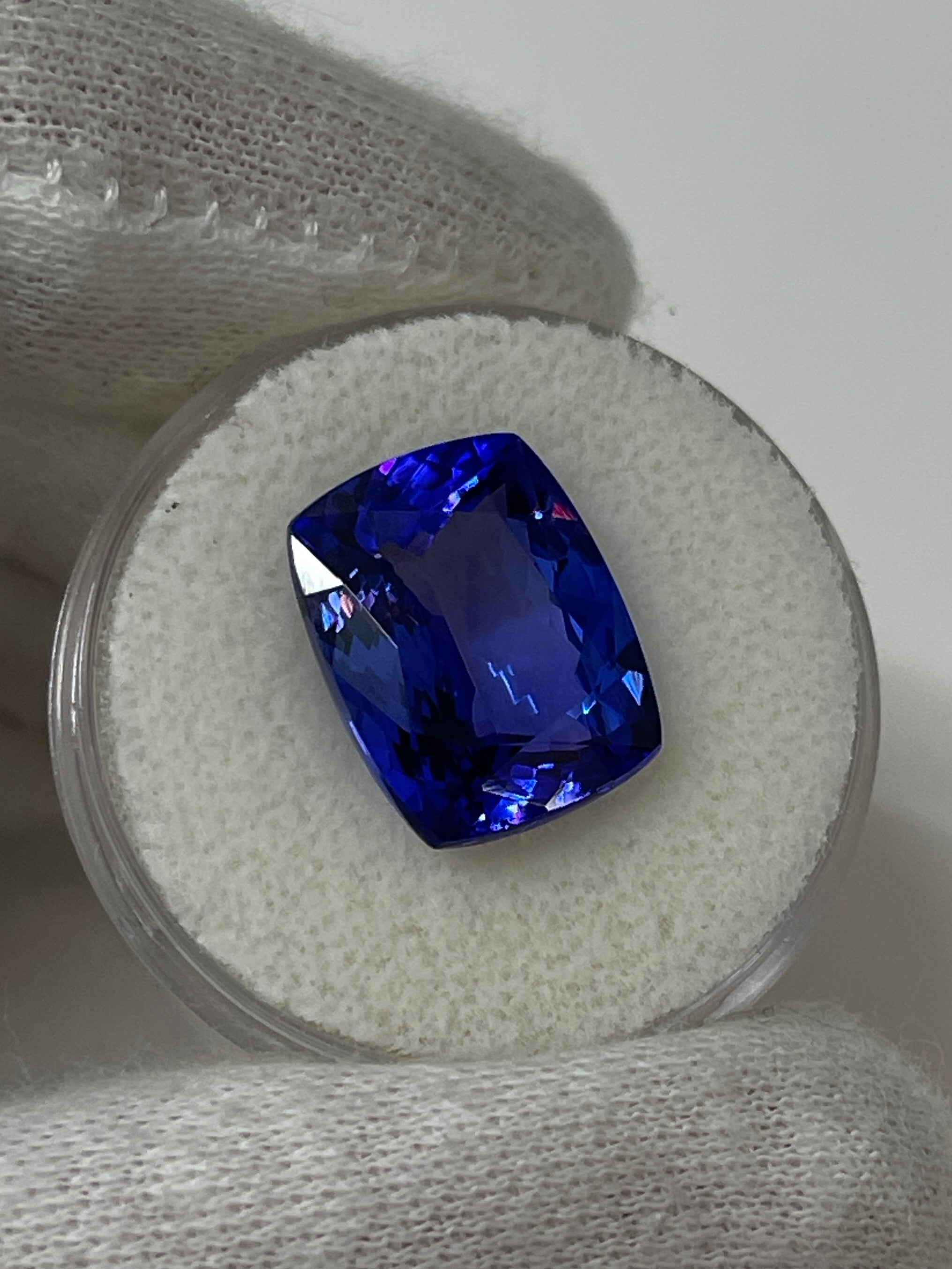 8.56 Carat GIA Natural Violetish Blue Tanzanite 14x11 Loose Cushion Cut - JR Colombian Emeralds