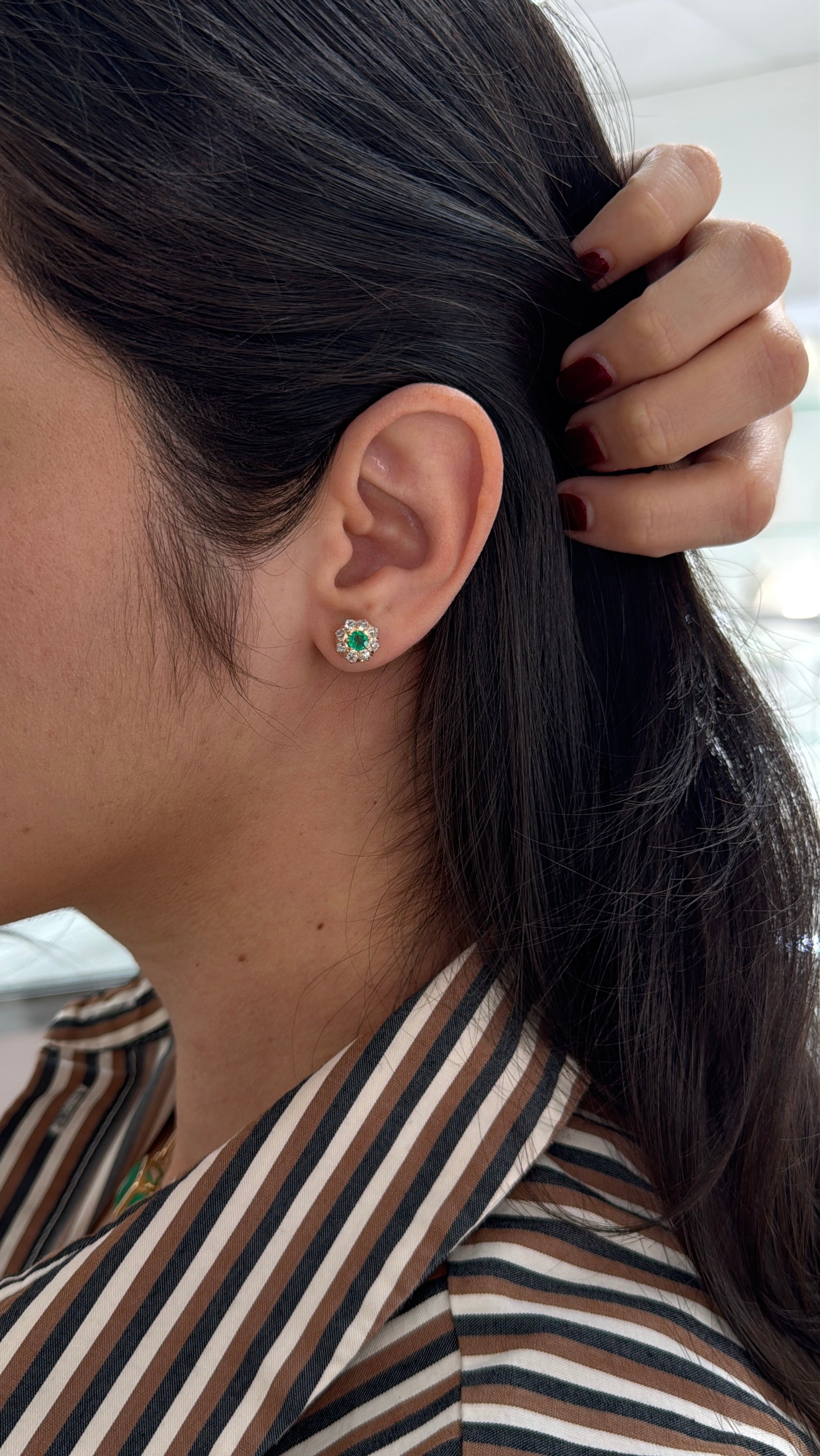 Vivid Colombian emerald halo stud earrings with old European cut diamonds in 14K gold, jewelry by JR Colombian Emeralds.