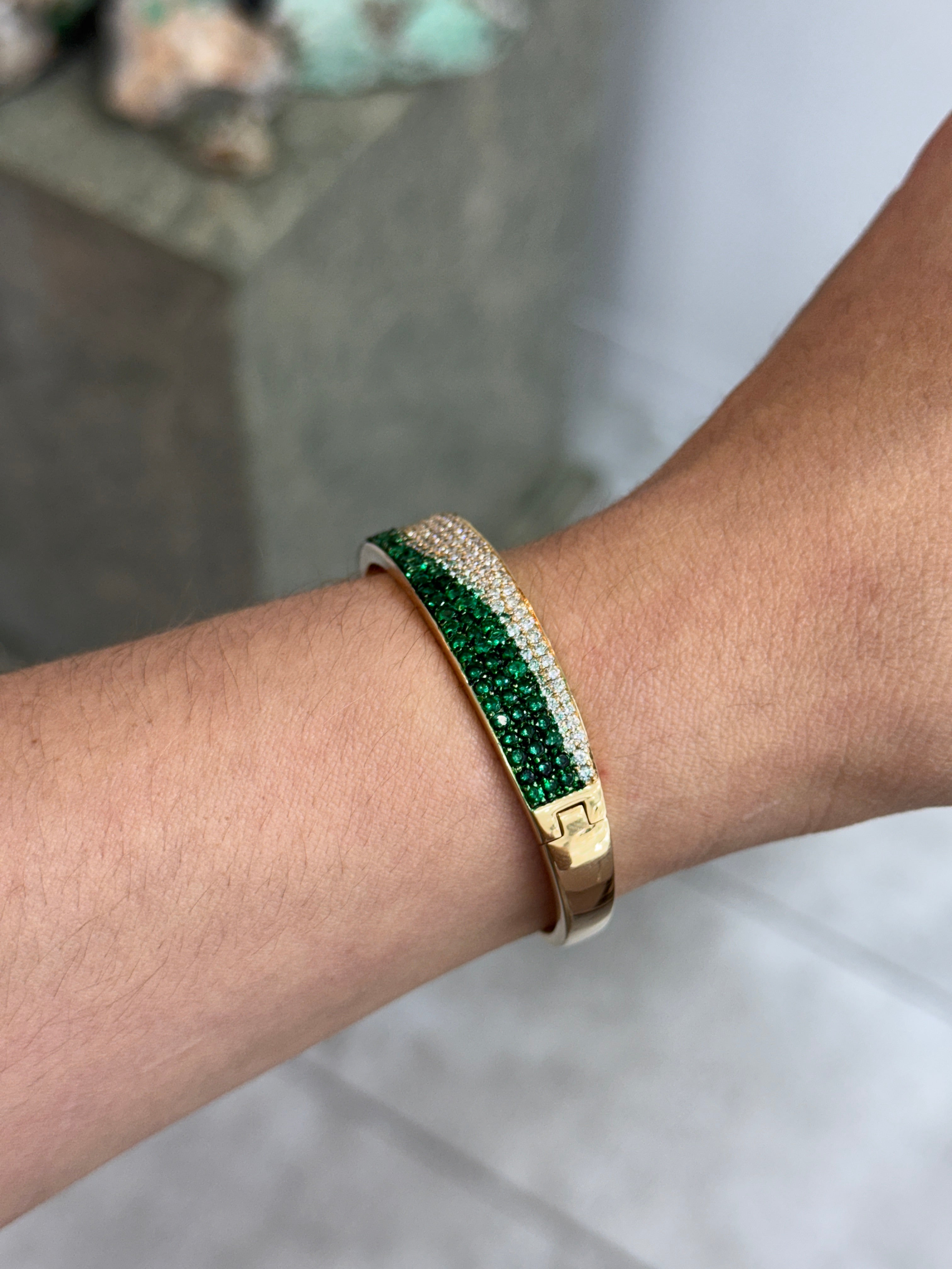 14K natural emerald and diamond ombre bangle bracelet with black and green rhodium by JR Colombian Emeralds.