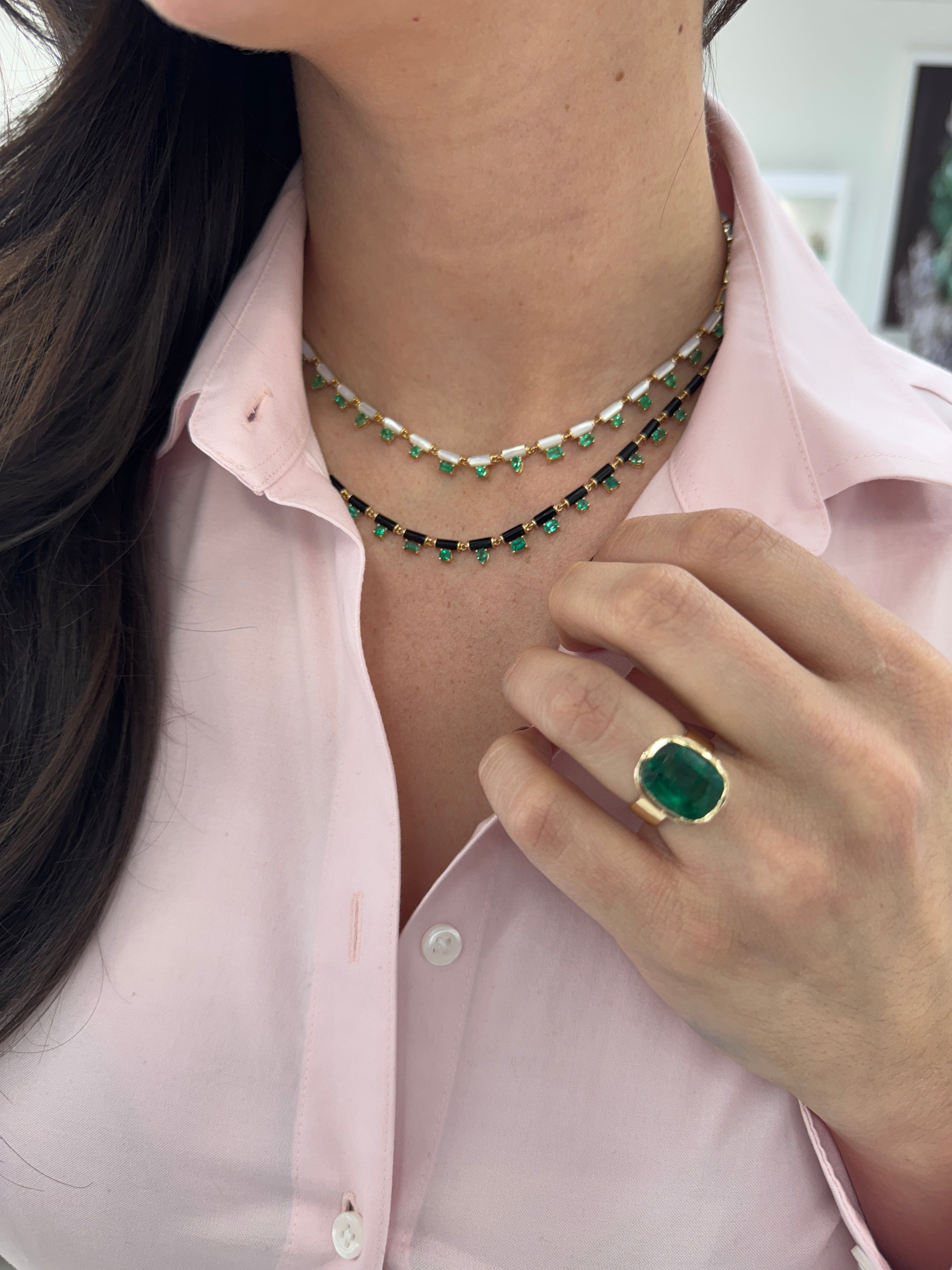 Jewelry necklace featuring 21.42tcw custom cut onyx and natural emerald fringe on an 18-inch chain by JR Colombian Emeralds.