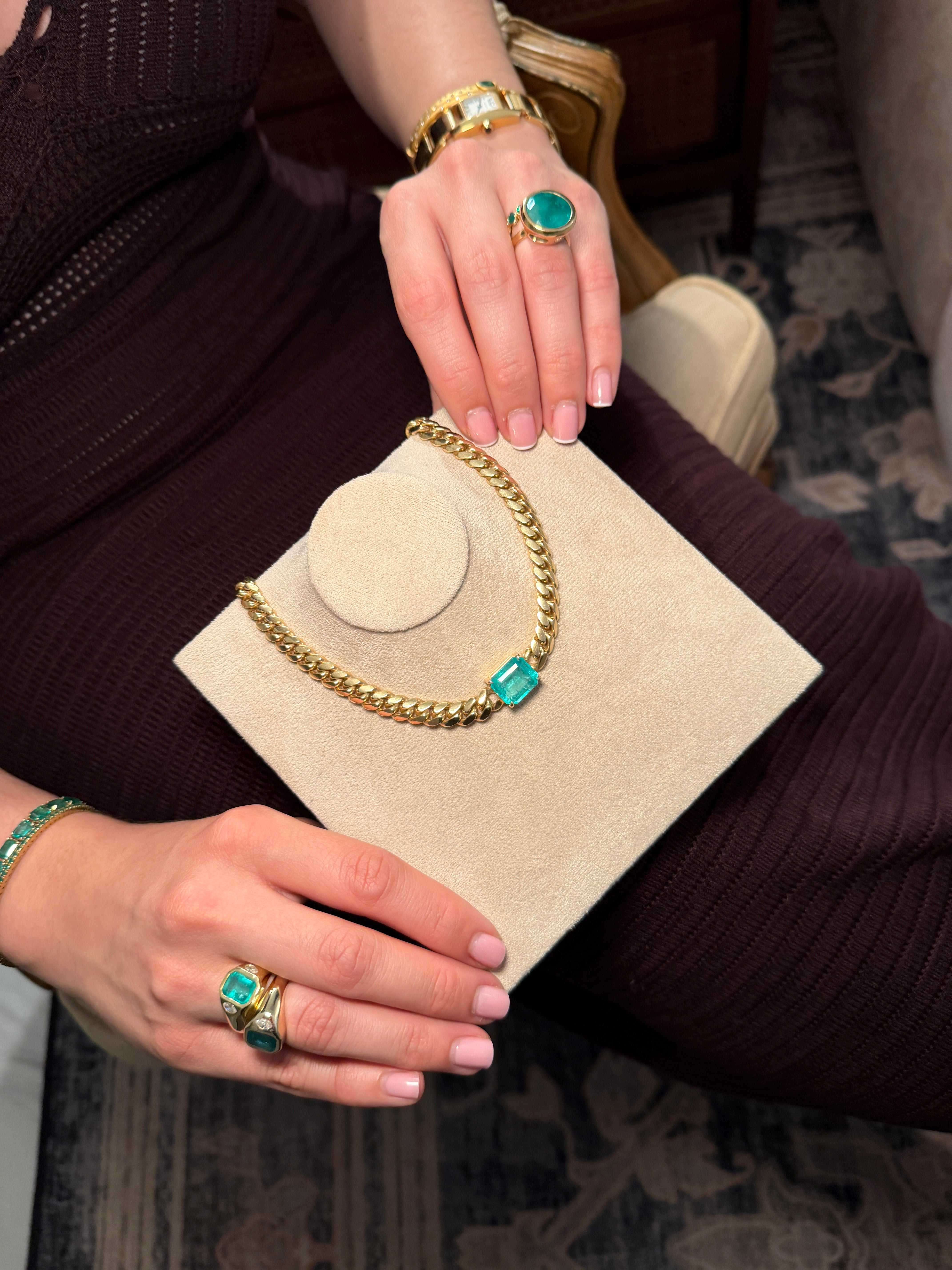 10 Carat Jumbo East to West Colombian Emerald Cuban Link Choker necklace in 14K gold with pendant from JR Colombian Emeralds.