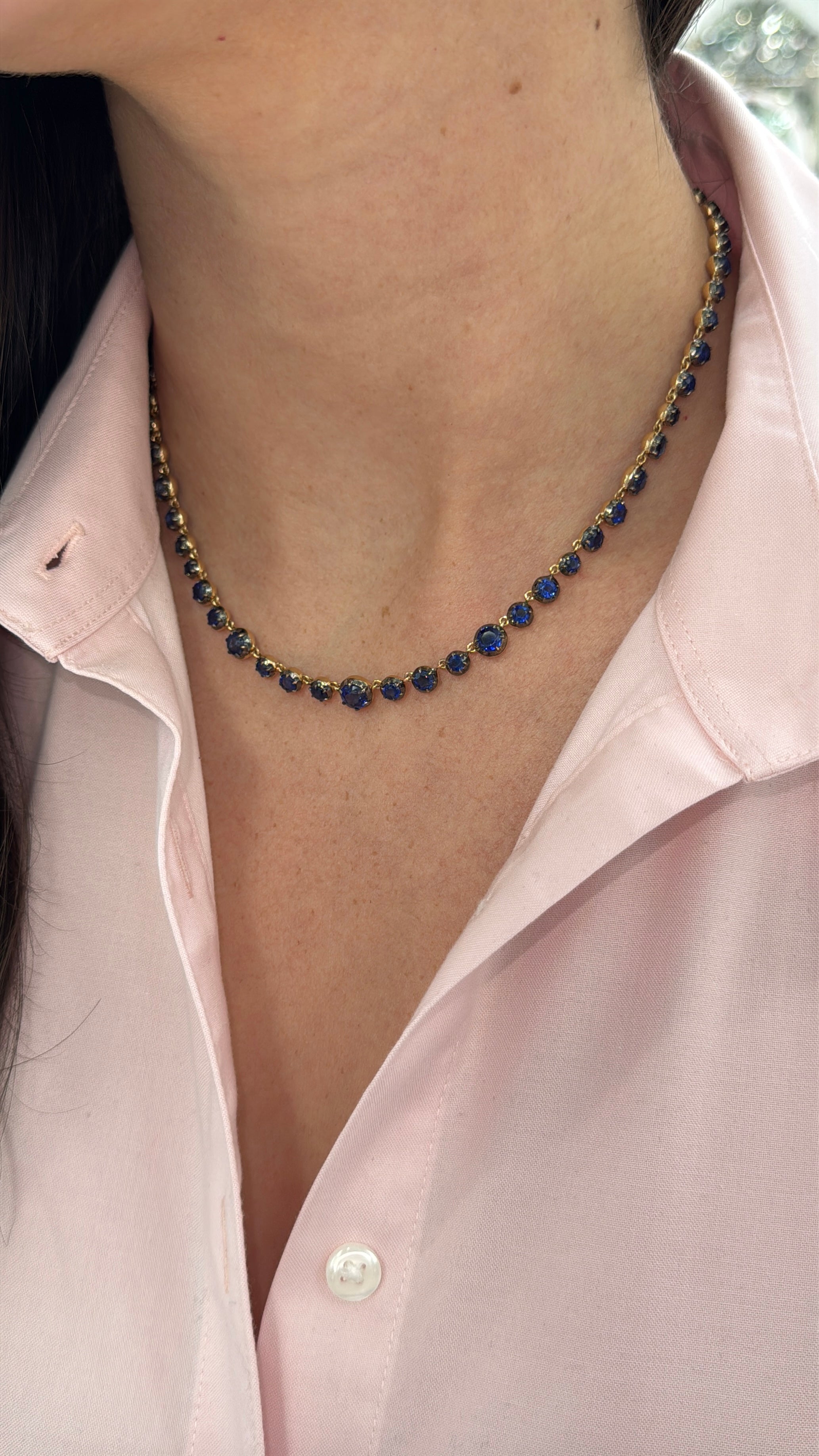 14K gold necklace with round cut deep blue Kyanite gemstones and diamond clasp, 17-inch button tennis jewelry by JR Colombian Emeralds