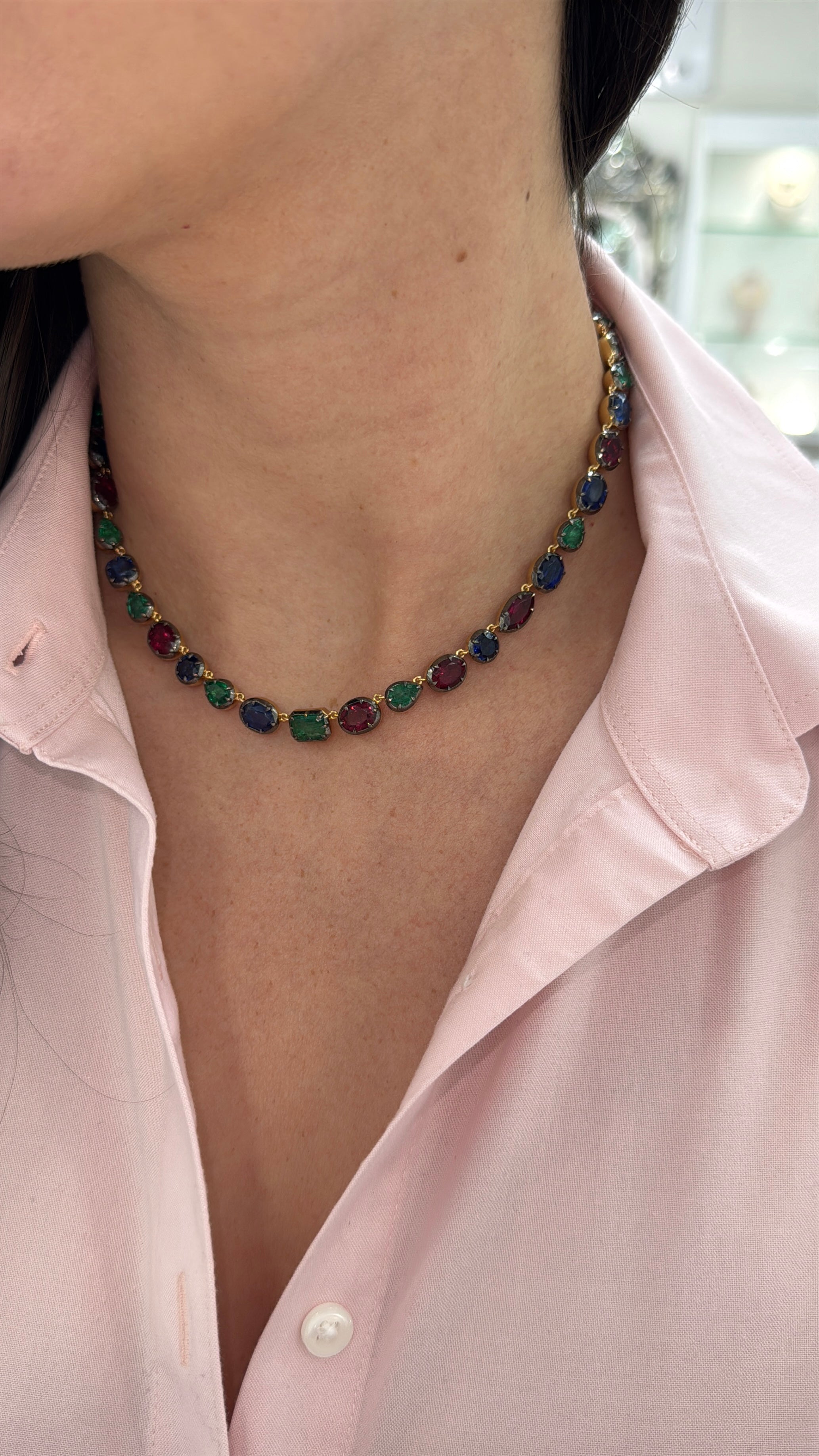 Natural emerald, ruby, and kyanite mixed gemstone necklace, 17-inch sterling silver jewelry by JR Colombian Emeralds.