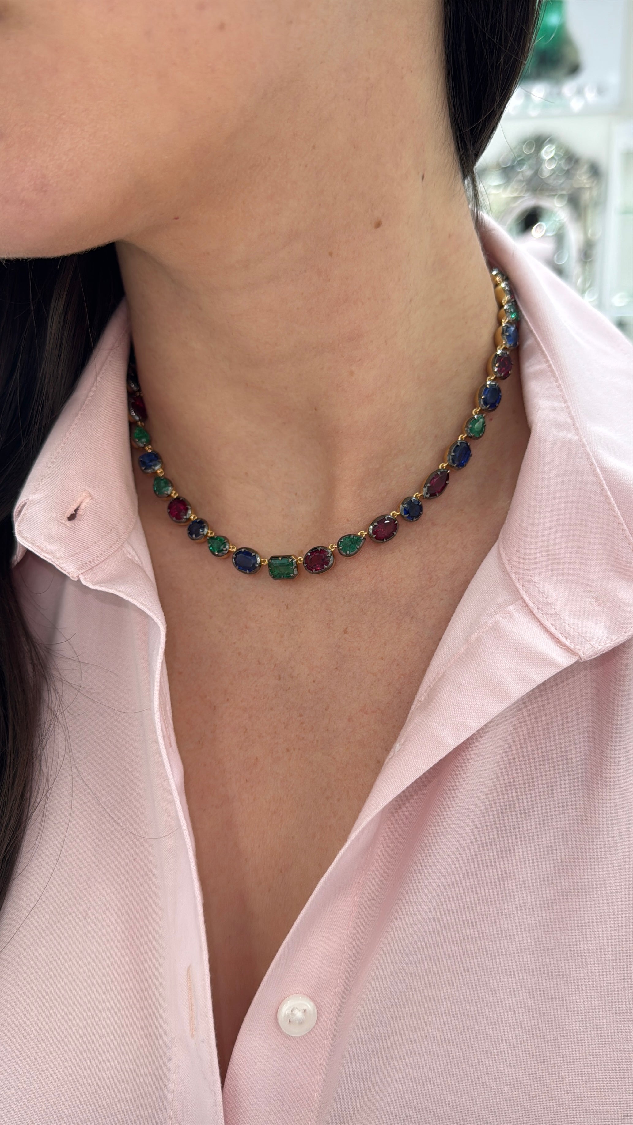 Natural emerald, ruby, and kyanite mixed color 17-inch necklace with sterling silver 925 clasp by JR Colombian Emeralds.