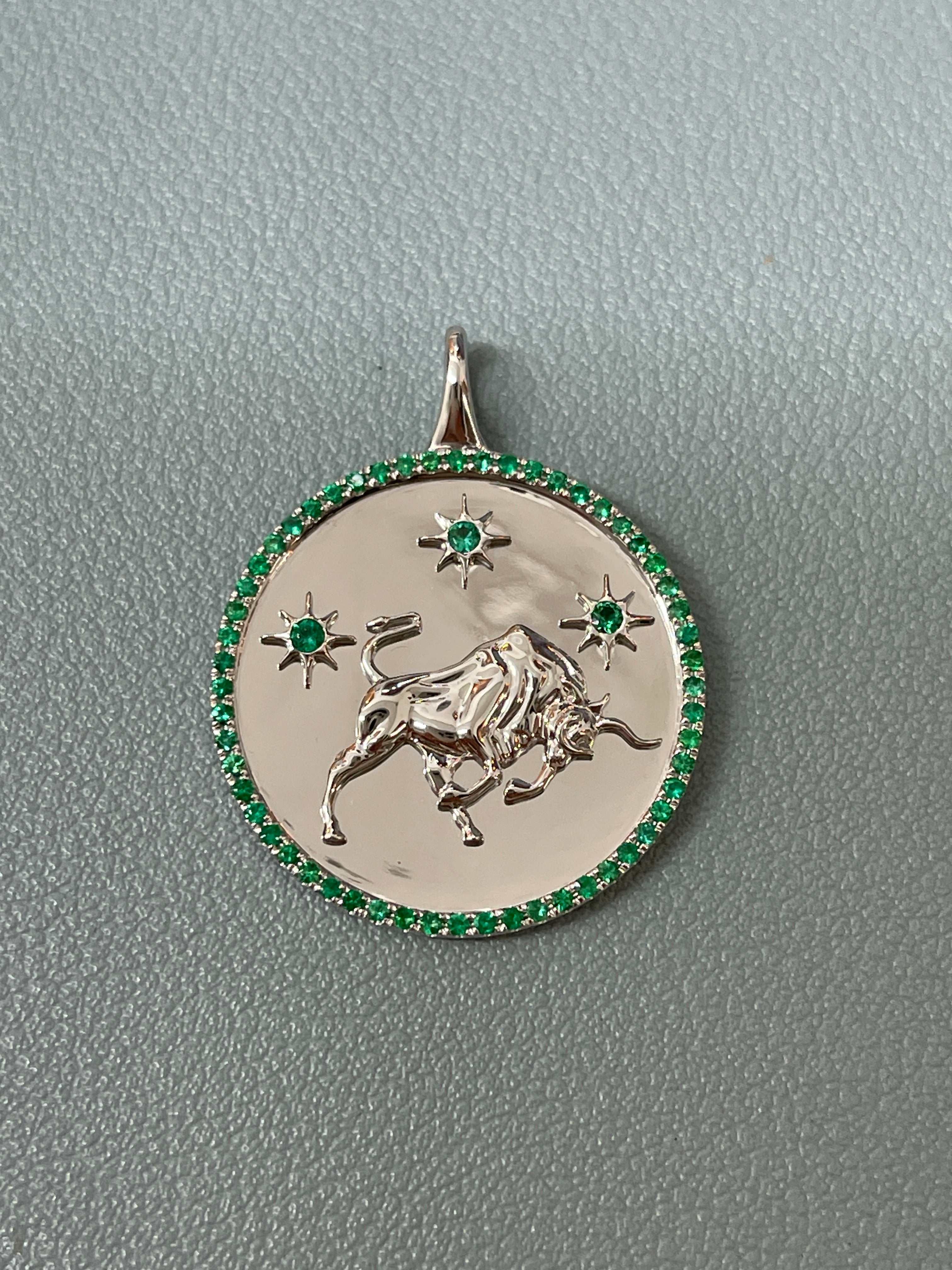 14K Emerald Taurus Medallion With Emerald Halo Pendant