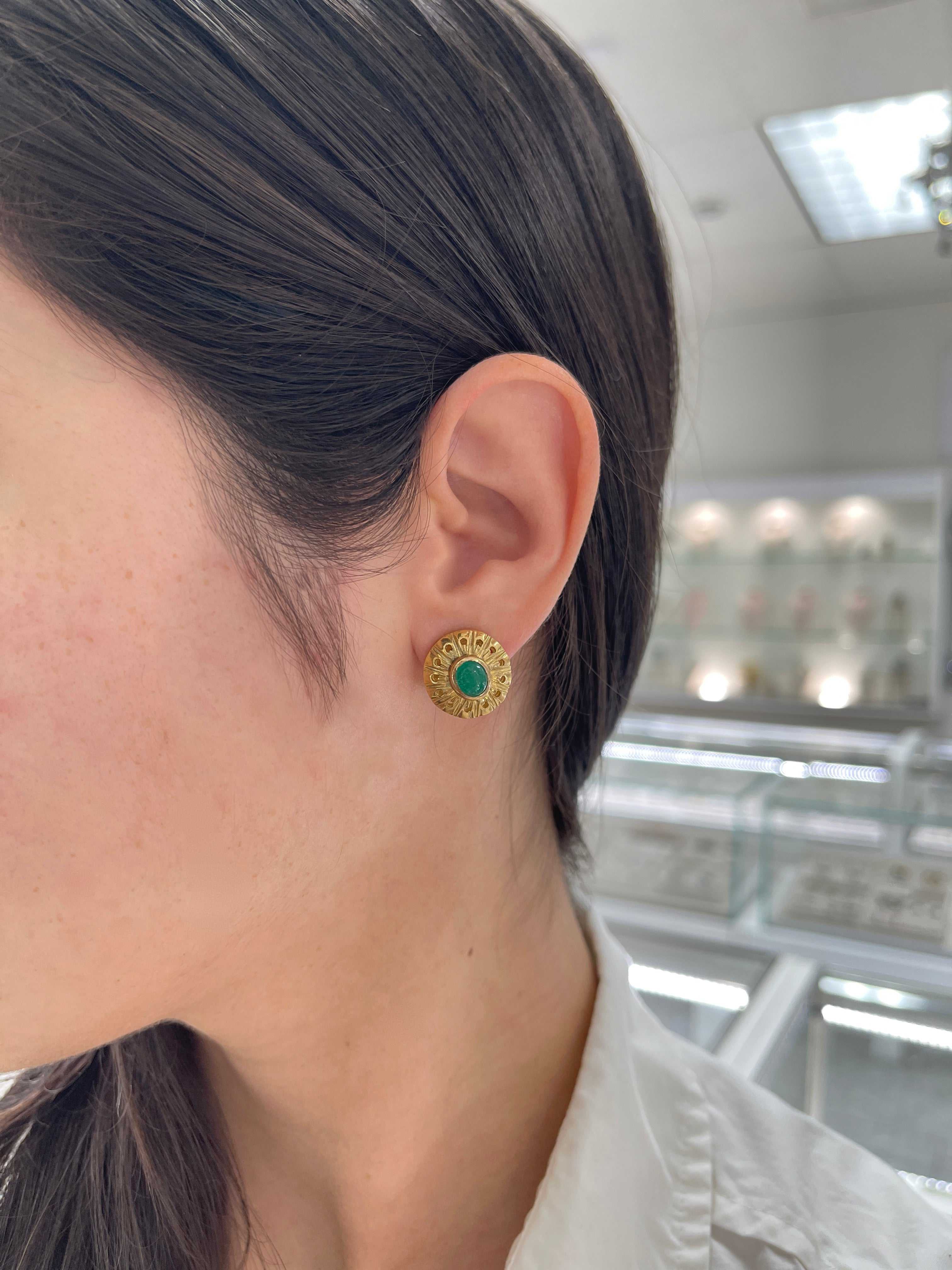 3.10tcw High Quality Colombian Emerald Cabochon Omega Earrings 18K