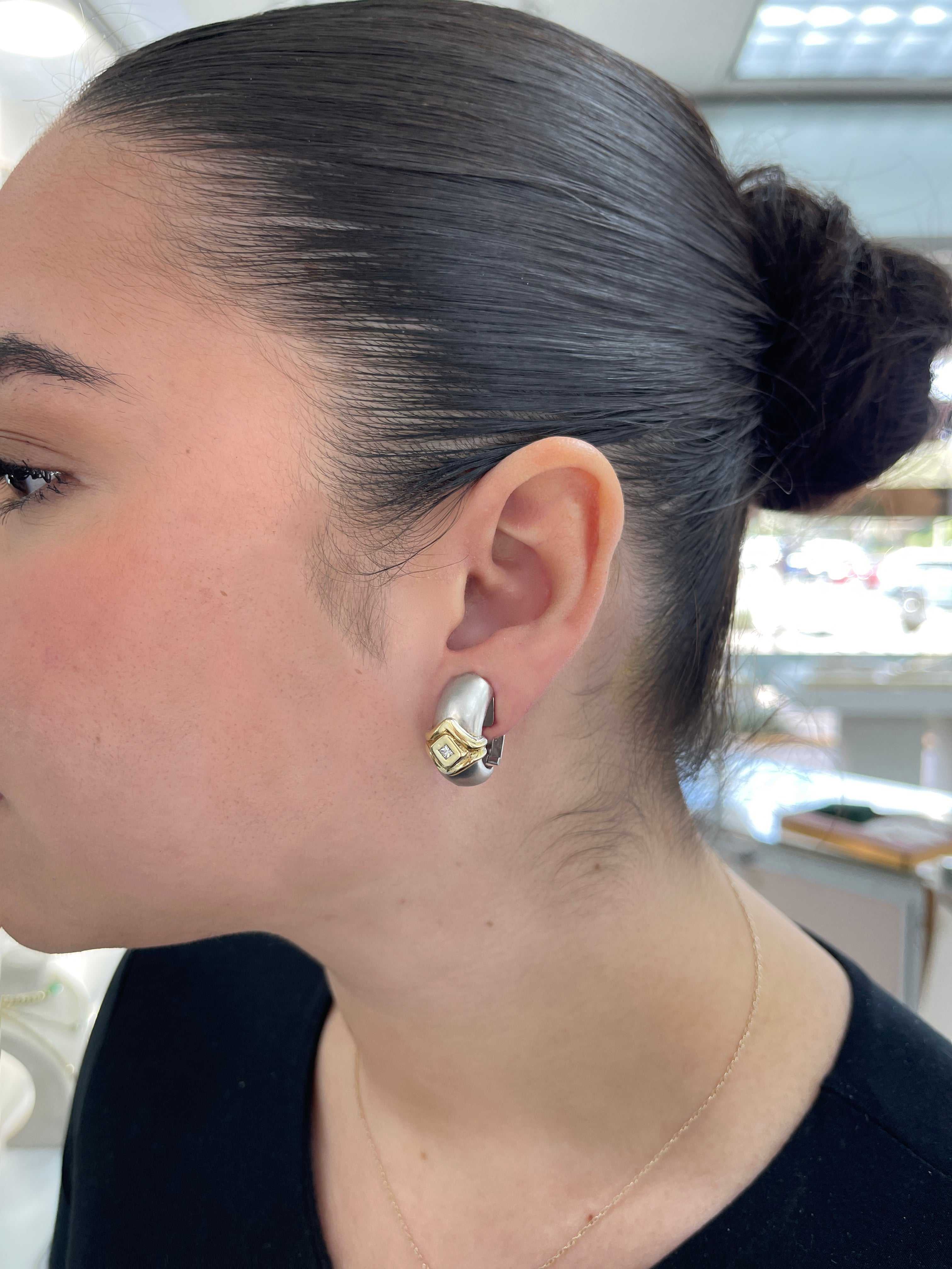 Classic Omega Matte Huggie Earrings Princess Cut Diamond Two Toned 18K - JR Colombian Emeralds