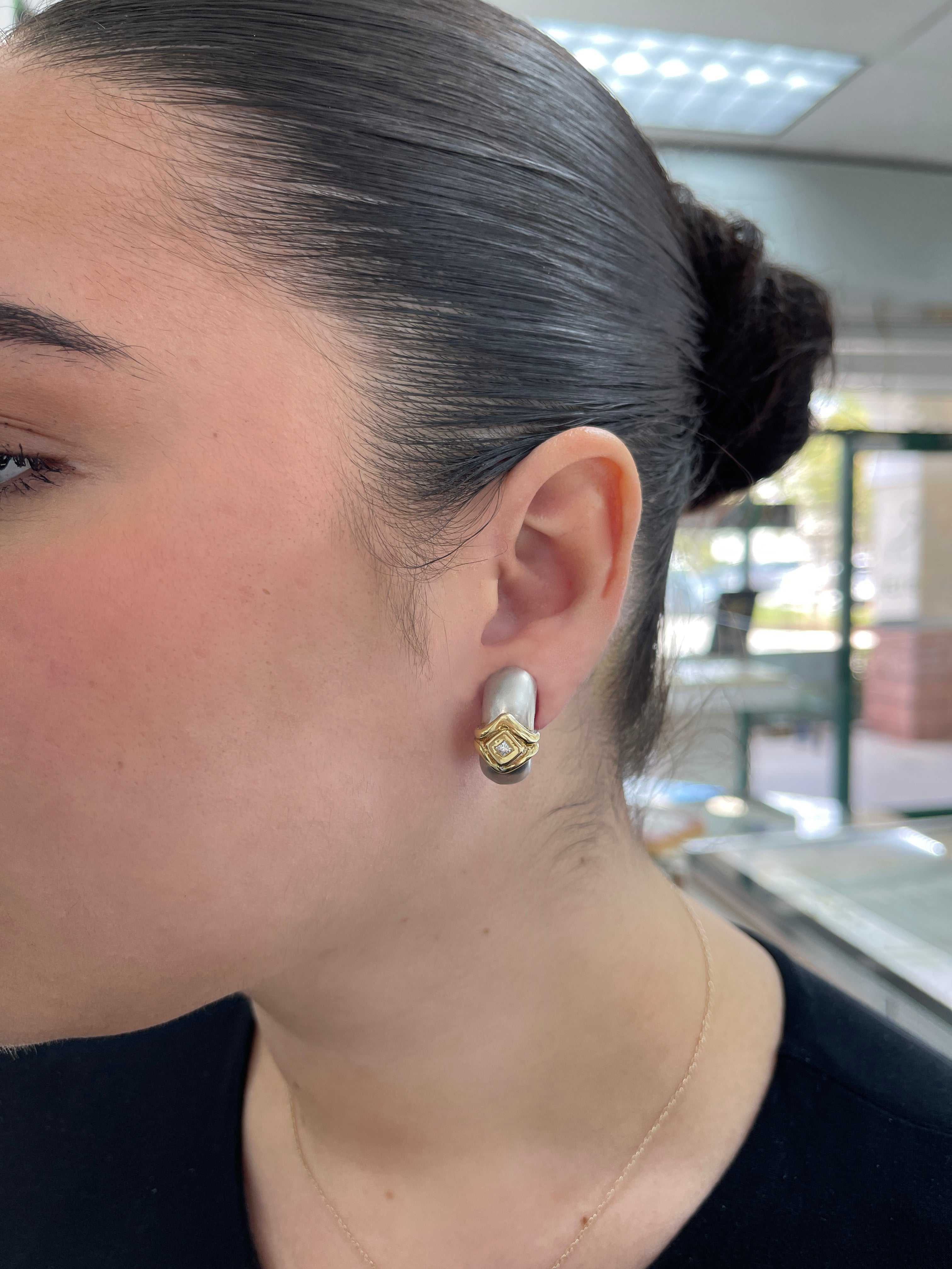 Classic Omega Matte Huggie Earrings Princess Cut Diamond Two Toned 18K - JR Colombian Emeralds
