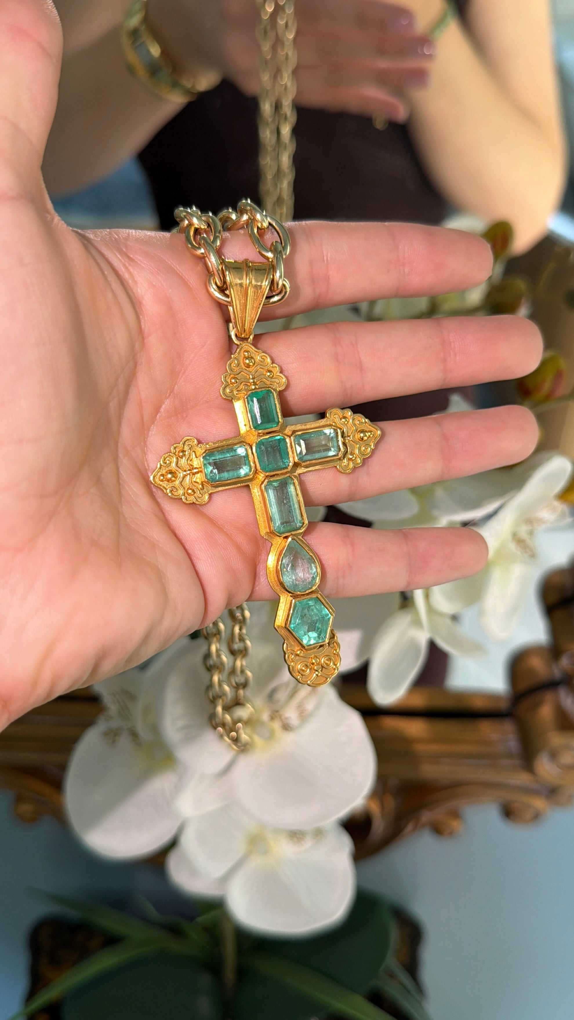 Natural Colombian emerald cross pendant with sterling silver and gold plating, featuring 24.55TCW of vibrant emeralds by JR Colombian Emeralds.