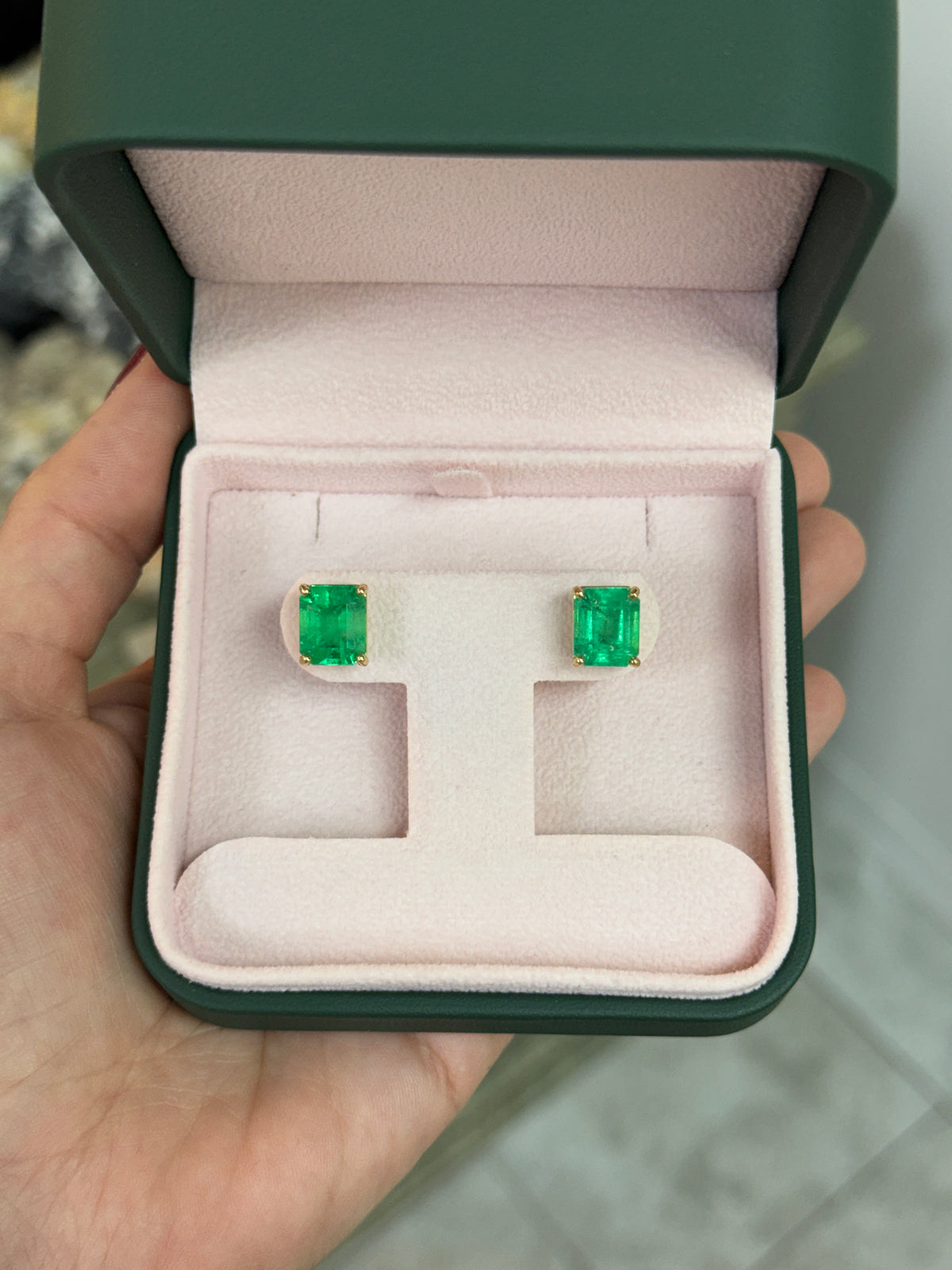 9.03tcw 11x9 Muzo Green Emerald Cut Colombian Emerald Studs 18K