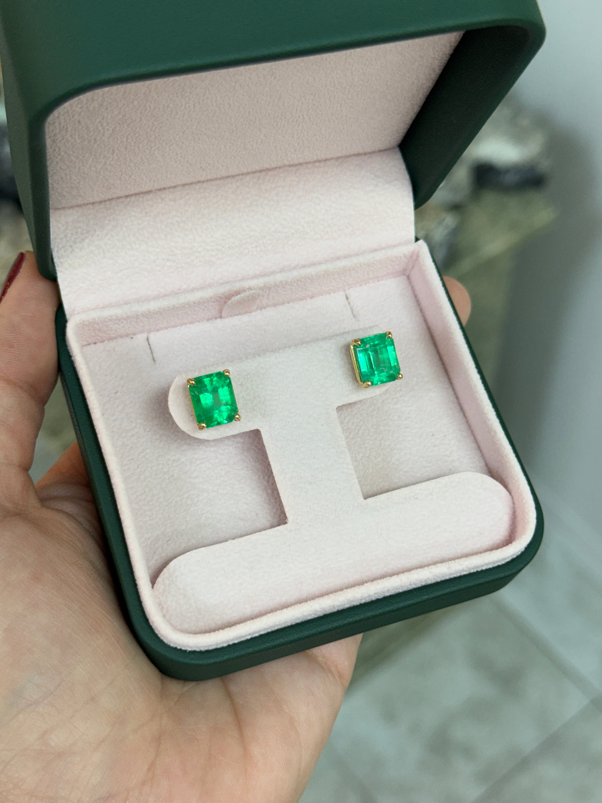 9.03tcw 11x9 Muzo Green Emerald Cut Colombian Emerald Studs 18K
