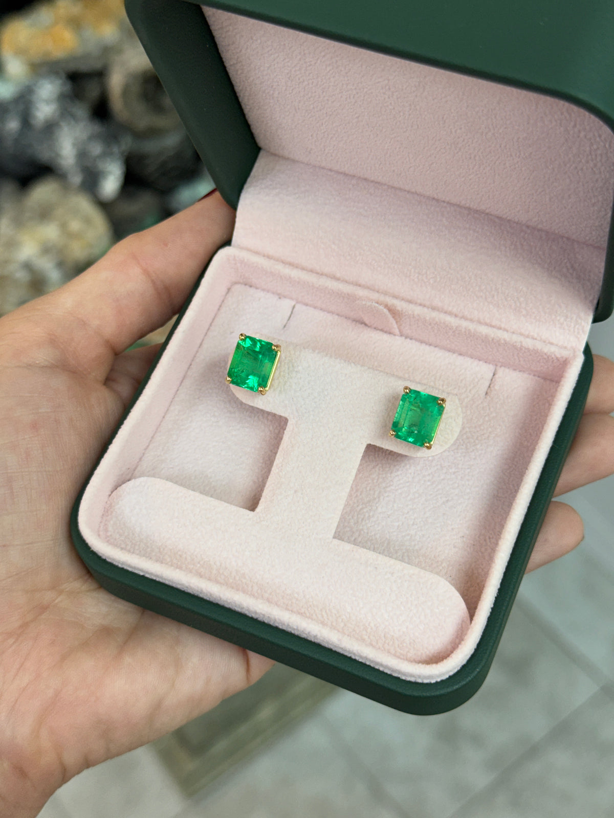 9.03tcw 11x9 Muzo Green Emerald Cut Colombian Emerald Studs 18K
