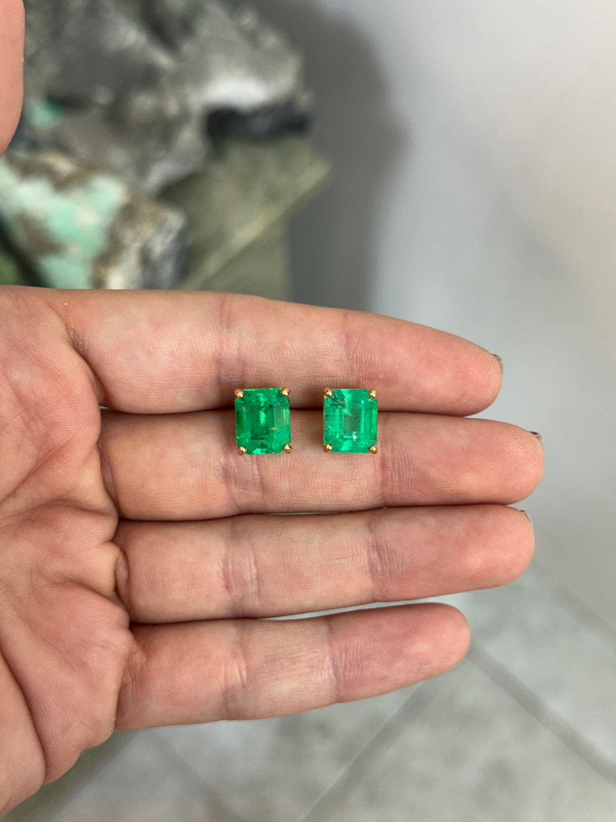 9.03tcw 11x9 Muzo Green Emerald Cut Colombian Emerald Studs 18K