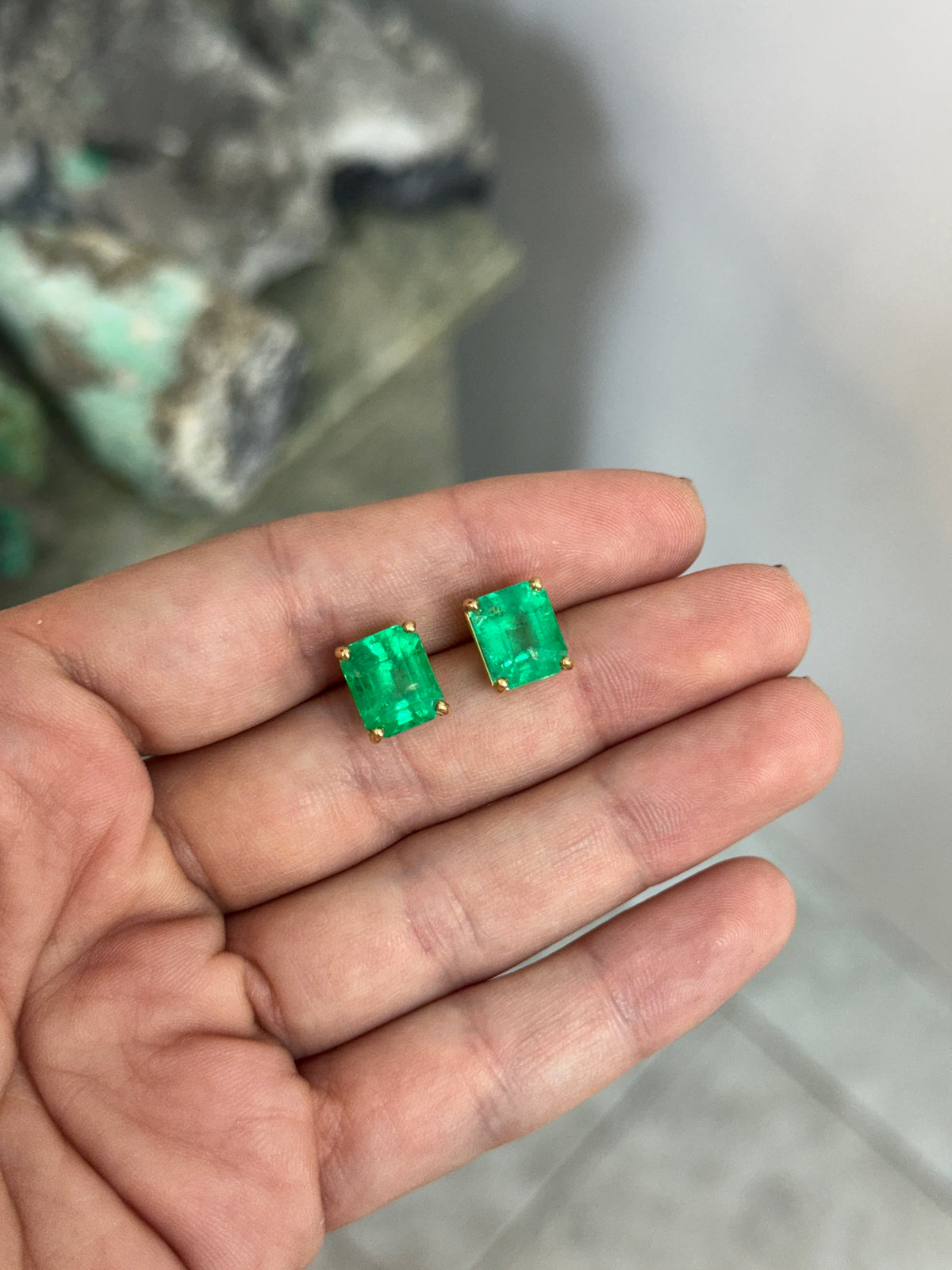 9.03tcw 11x9 Muzo Green Emerald Cut Colombian Emerald Studs 18K