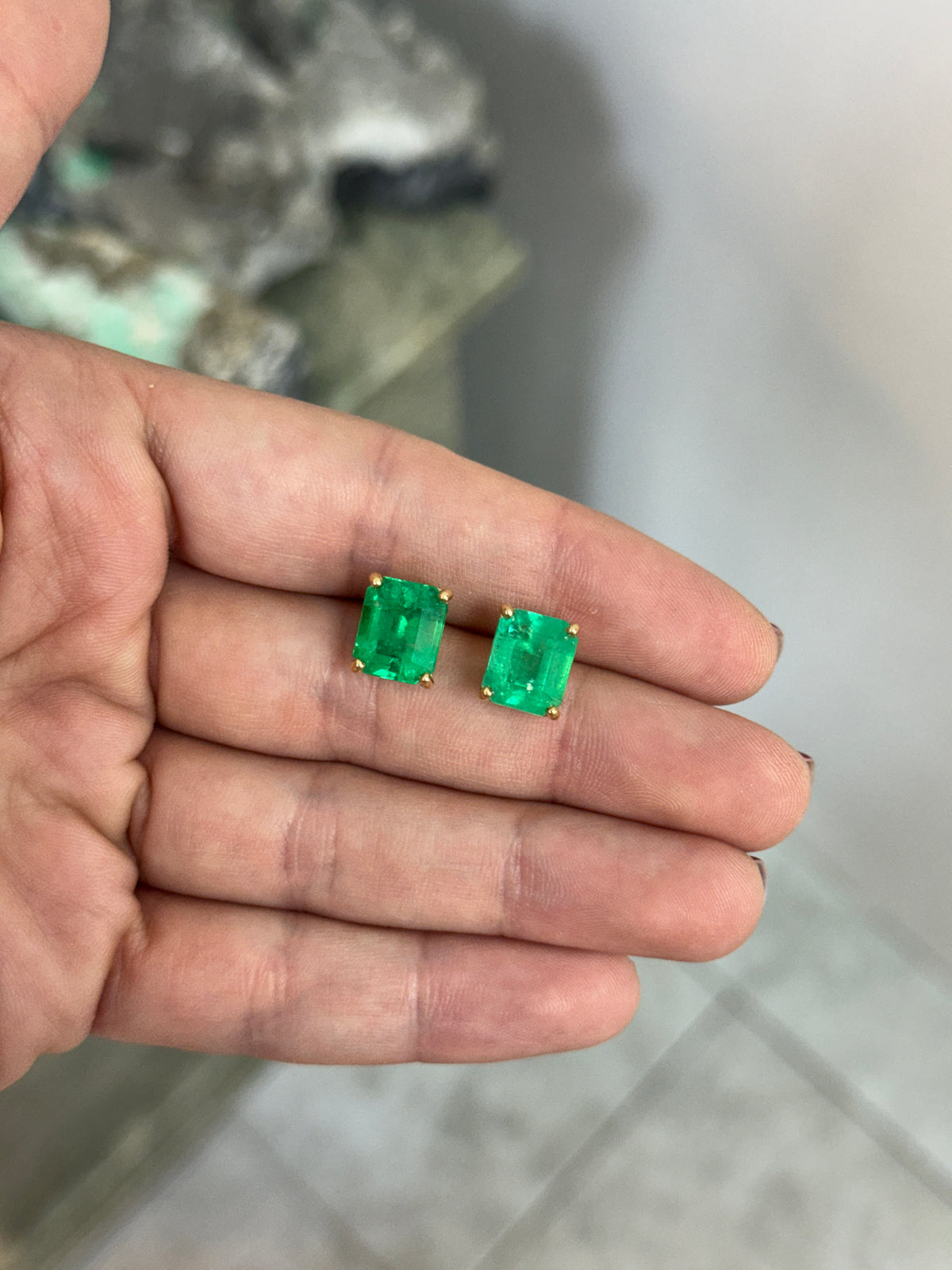 9.03tcw 11x9 Muzo Green Emerald Cut Colombian Emerald Studs 18K