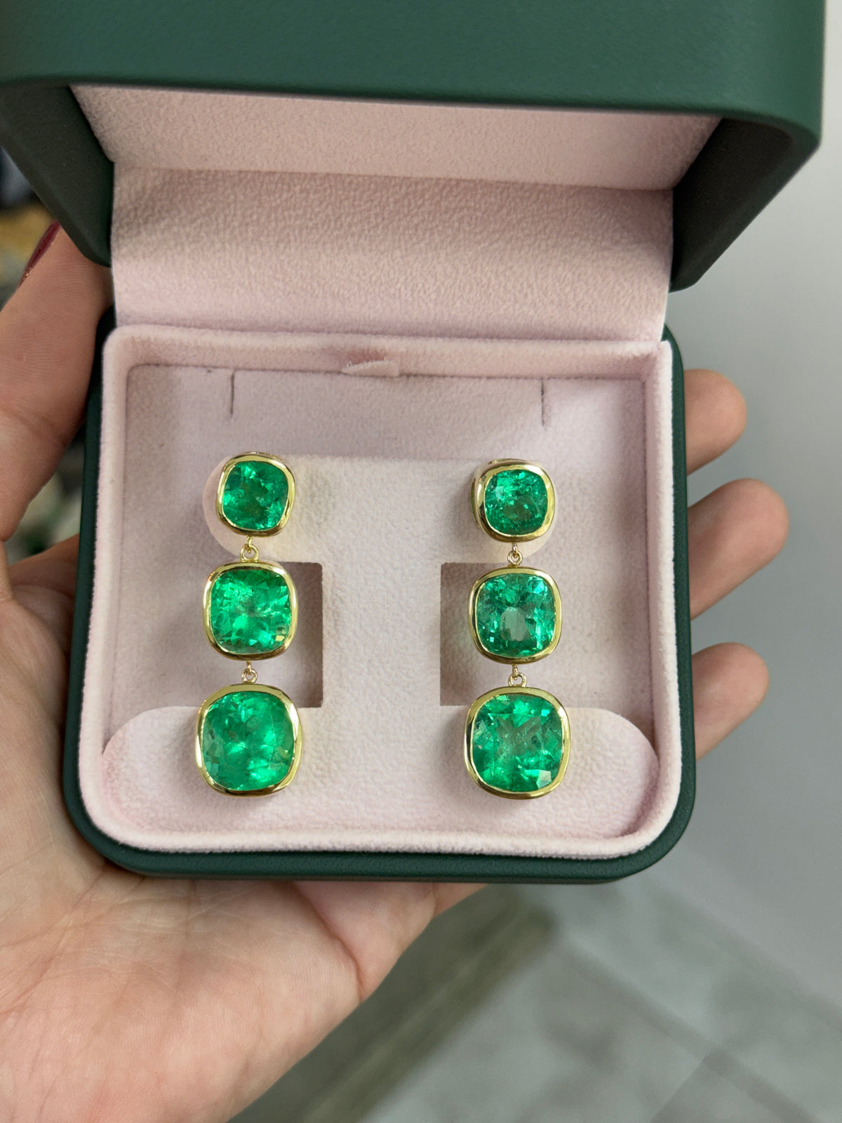 33.68tcw Muzo Cushion Cut Colombian Emerald Drop & Dangle Earrings 18K