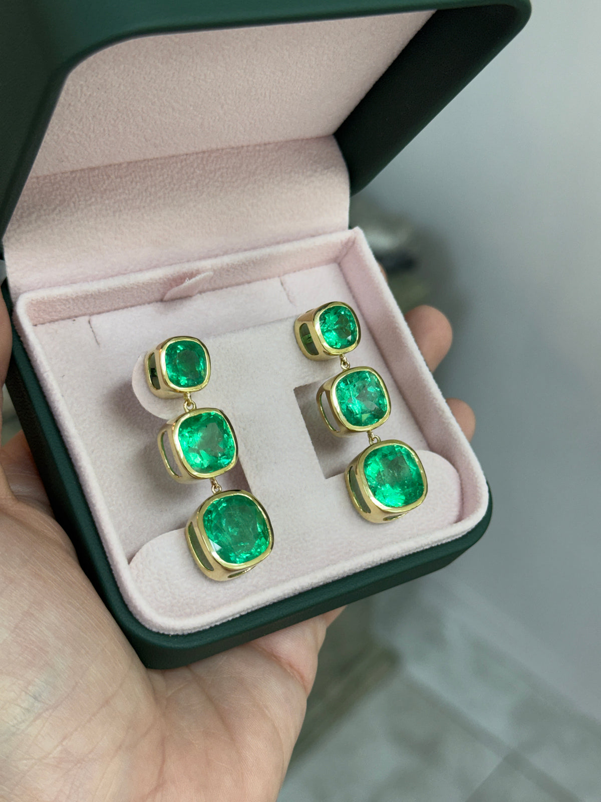 33.68tcw Muzo Cushion Cut Colombian Emerald Drop & Dangle Earrings 18K