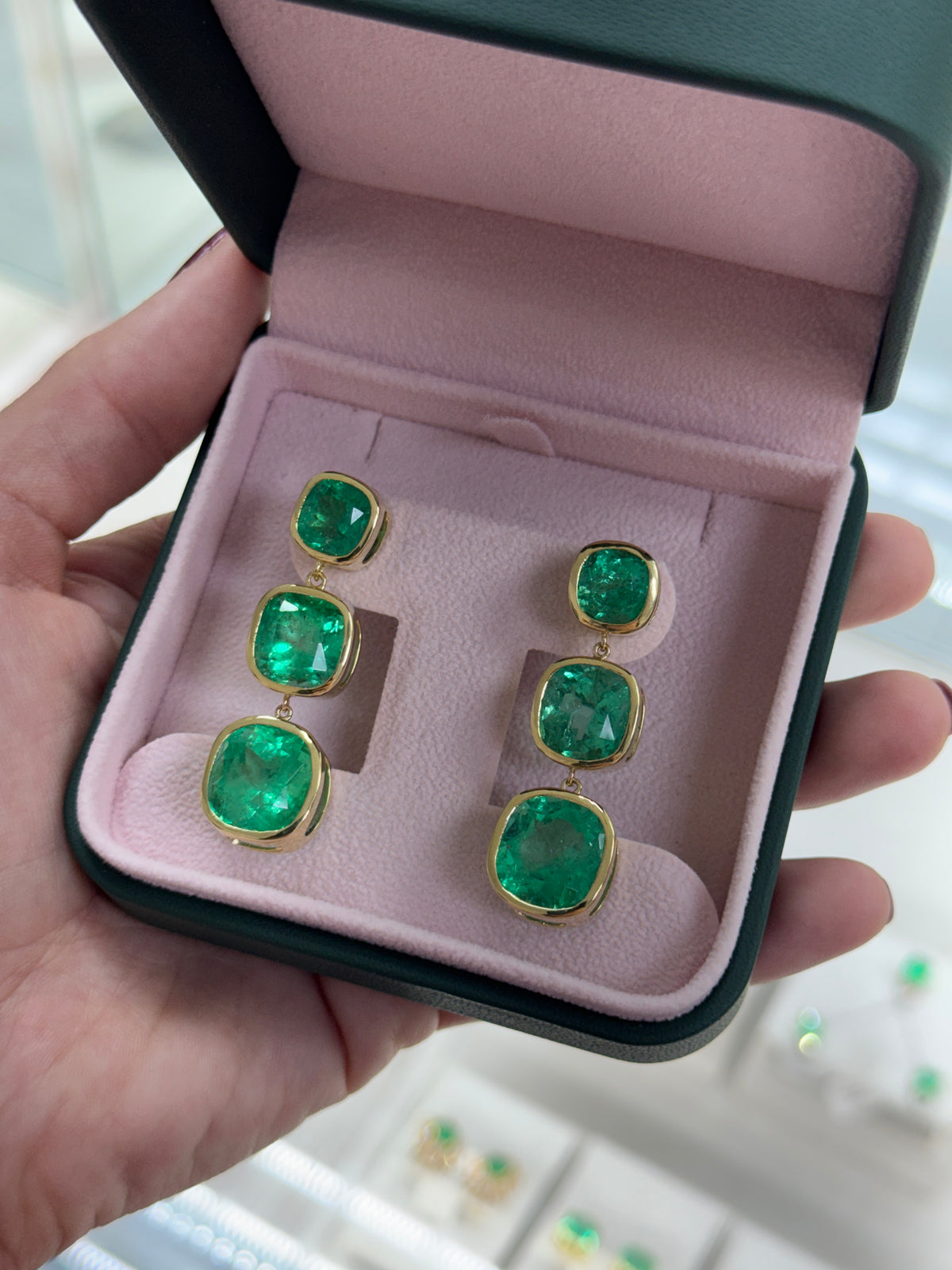 33.68tcw Muzo Cushion Cut Colombian Emerald Drop & Dangle Earrings 18K