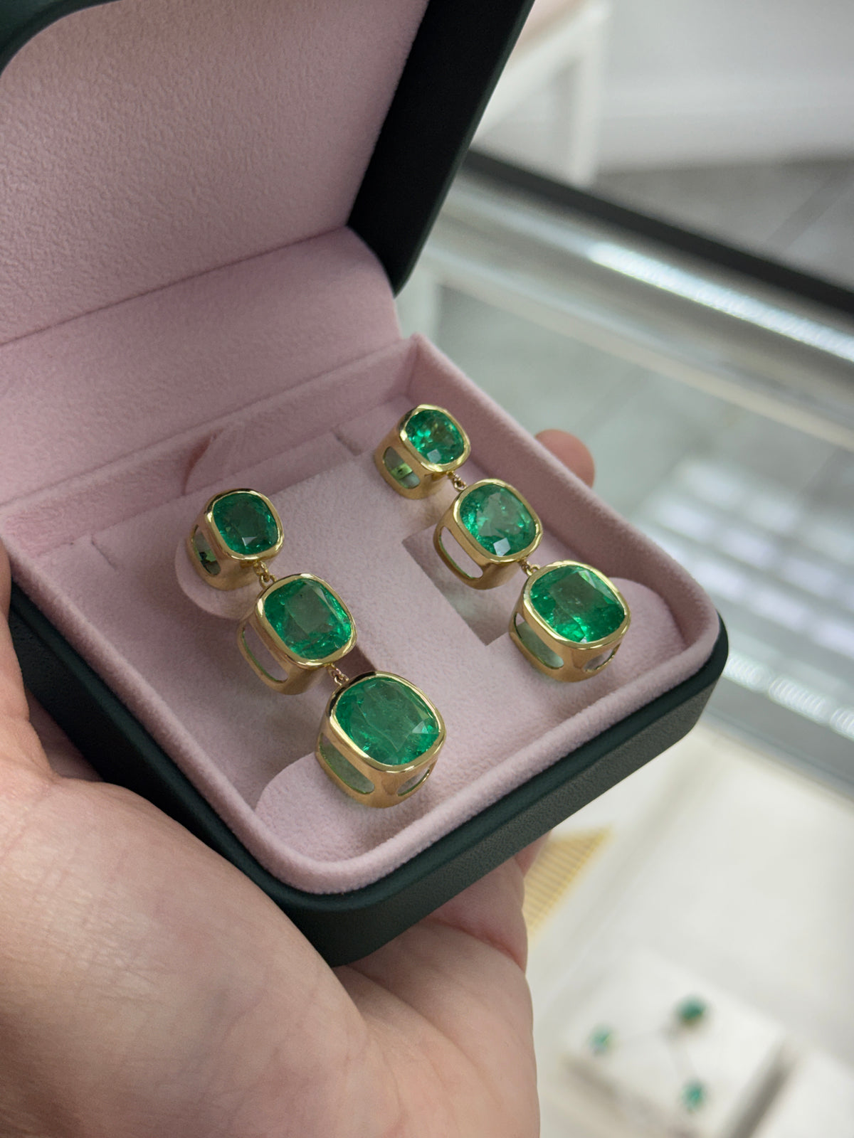 33.68tcw Muzo Cushion Cut Colombian Emerald Drop & Dangle Earrings 18K