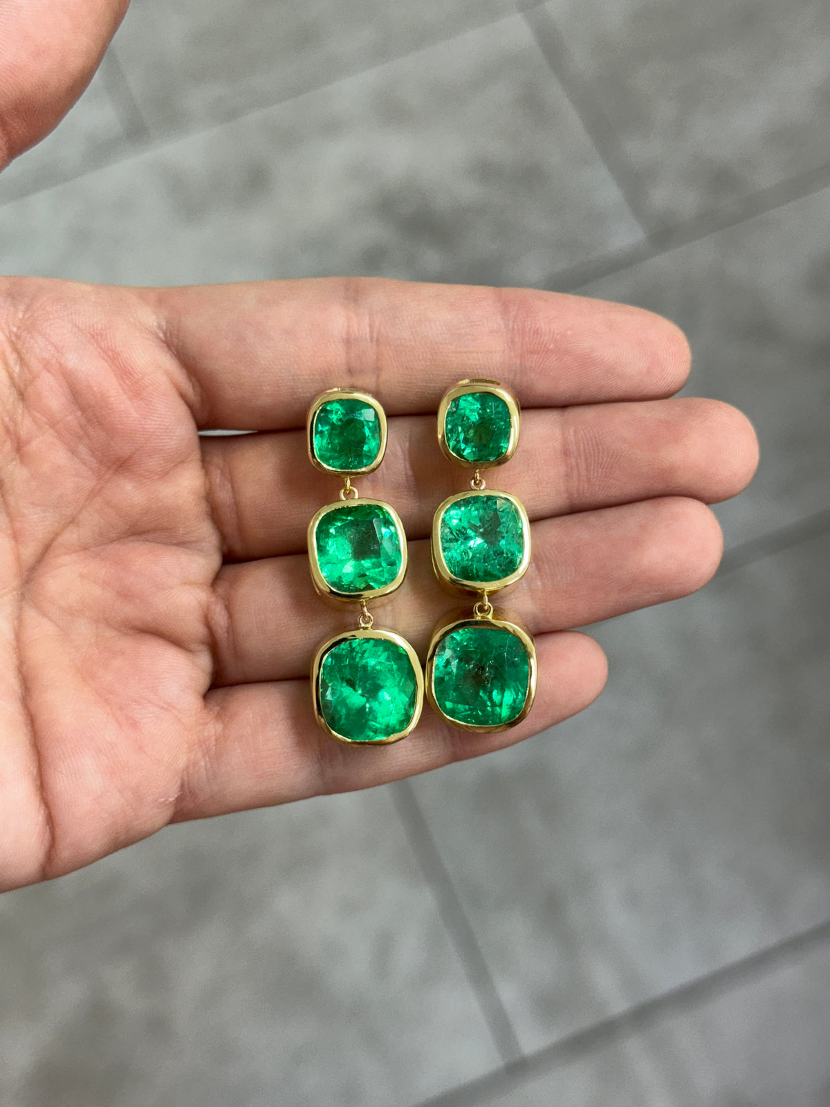 33.68tcw Muzo Cushion Cut Colombian Emerald Drop & Dangle Earrings 18K