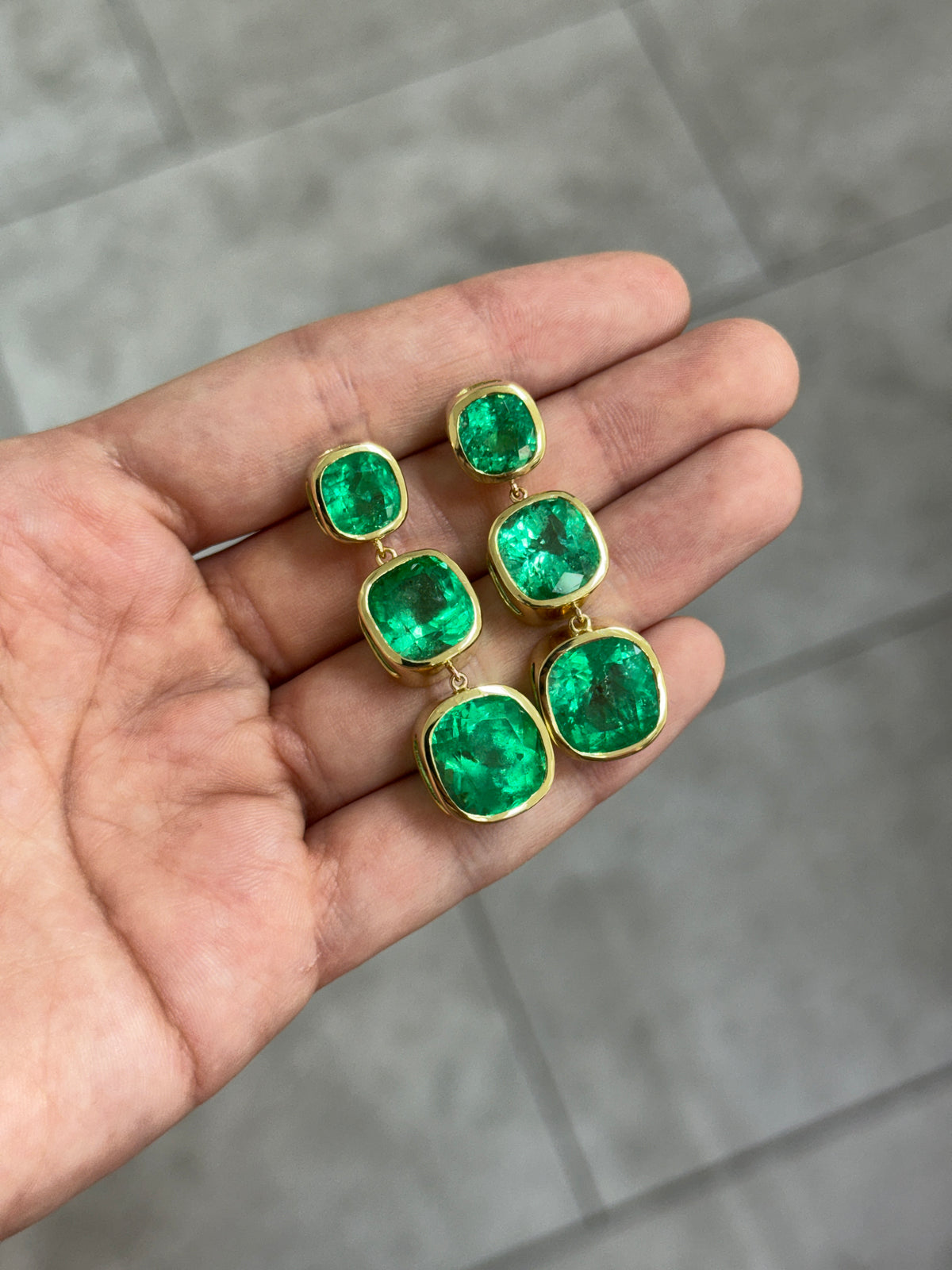 33.68tcw Muzo Cushion Cut Colombian Emerald Drop & Dangle Earrings 18K