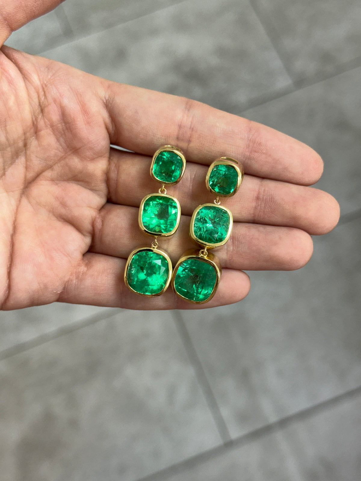 33.68tcw Muzo Cushion Cut Colombian Emerald Drop & Dangle Earrings 18K