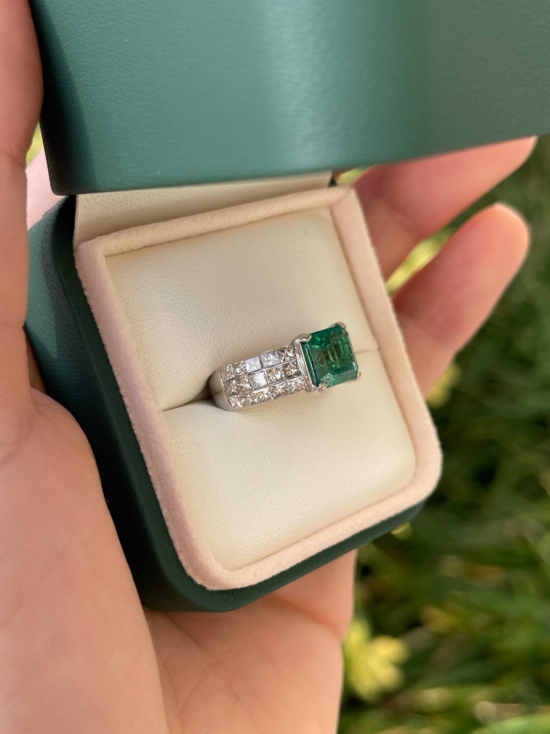 5.40tcw Emerald & Princess Cut Diamond 6mm Wide Band 18K - JR Colombian Emeralds