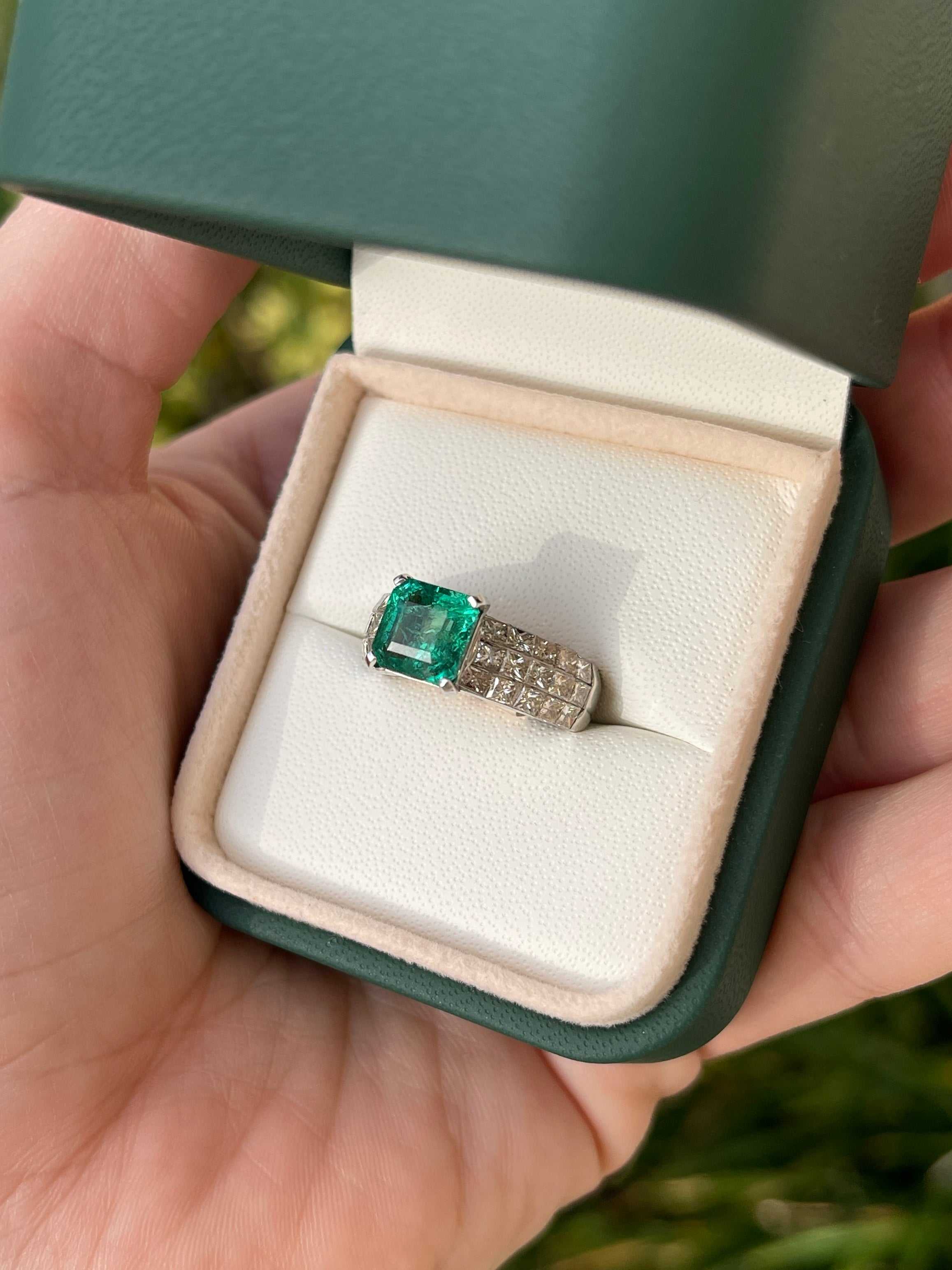 5.40tcw Emerald & Princess Cut Diamond 6mm Wide Band 18K - JR Colombian Emeralds