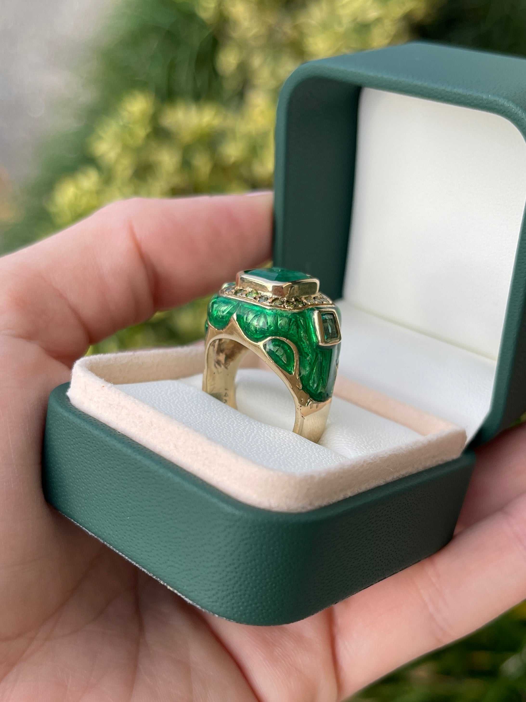 5.30tcw Colombian Emerald & Green Diamond Men's Enamel Ring Solid 14K