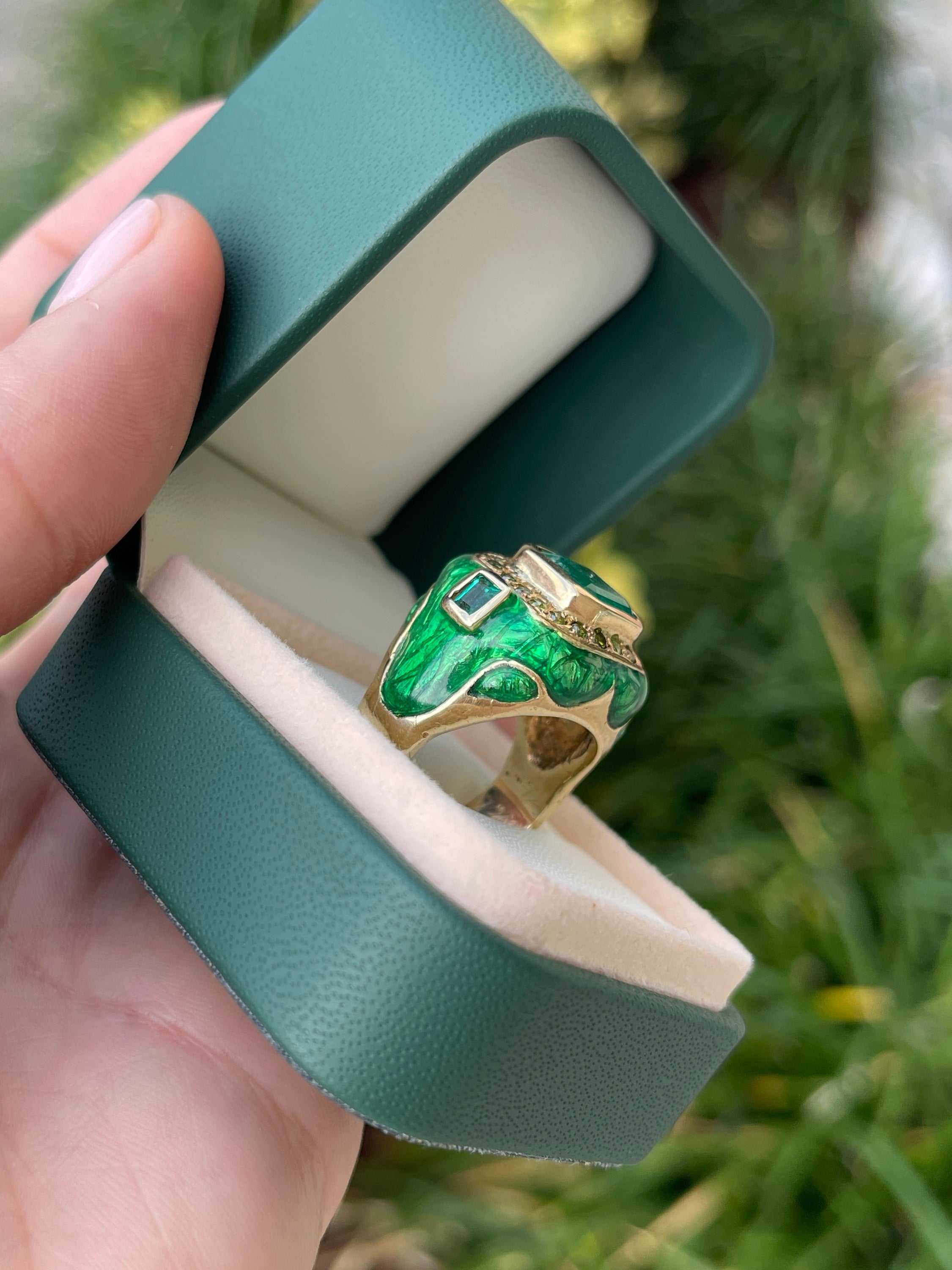 5.30tcw Colombian Emerald & Green Diamond Men's Enamel Ring Solid 14K