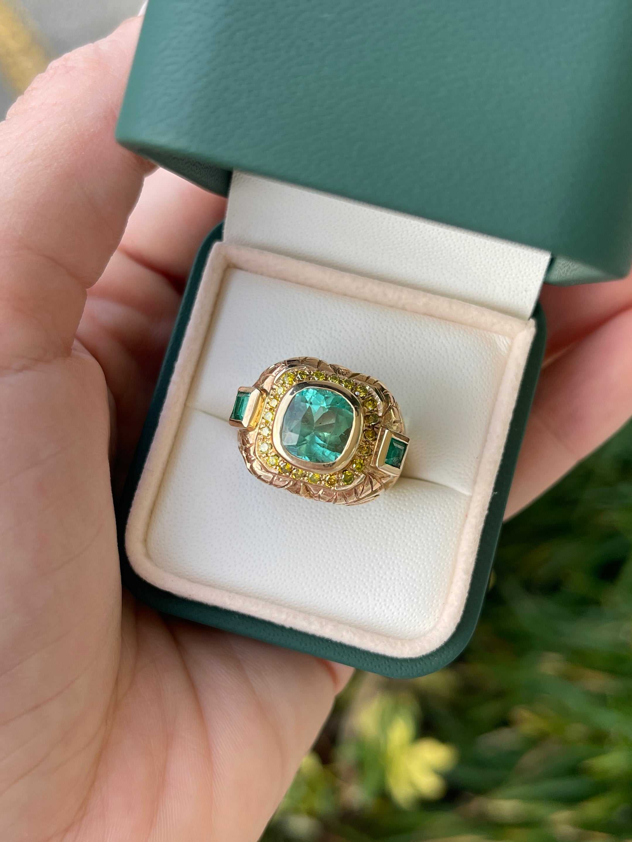 4.18tcw 14K Colombian Emerald Cushion & Princess Emerald Yellow Diamond Accent Mens Ring - JR Colombian Emeralds