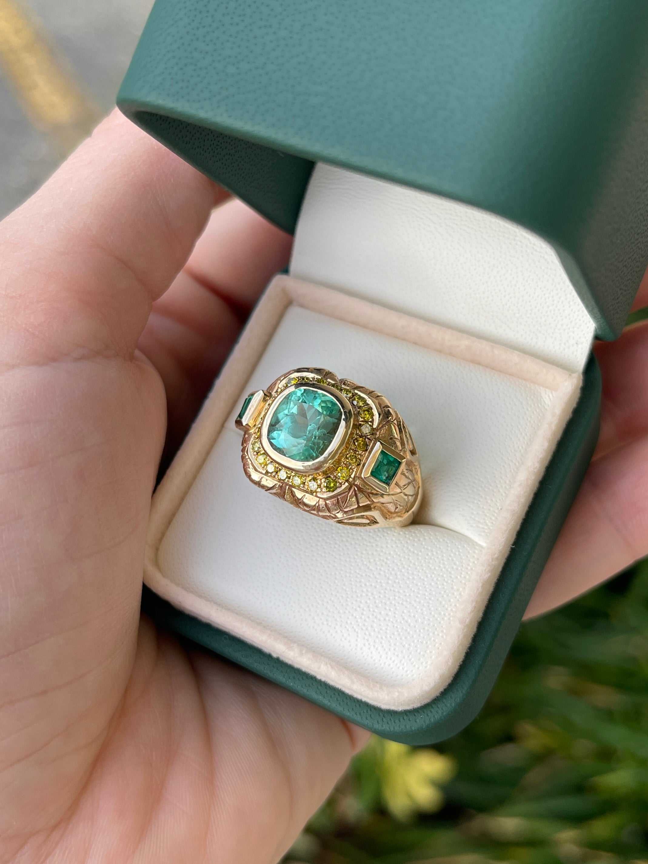 4.18tcw 14K Colombian Emerald Cushion & Princess Emerald Yellow Diamond Accent Mens Ring - JR Colombian Emeralds