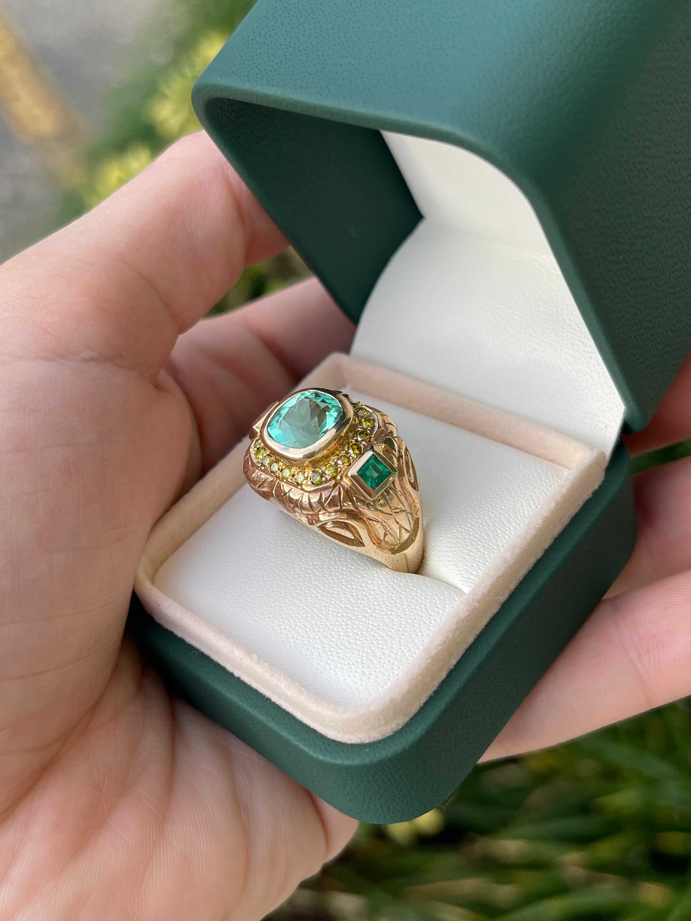 4.18tcw 14K Colombian Emerald Cushion & Princess Emerald Yellow Diamond Accent Mens Ring - JR Colombian Emeralds