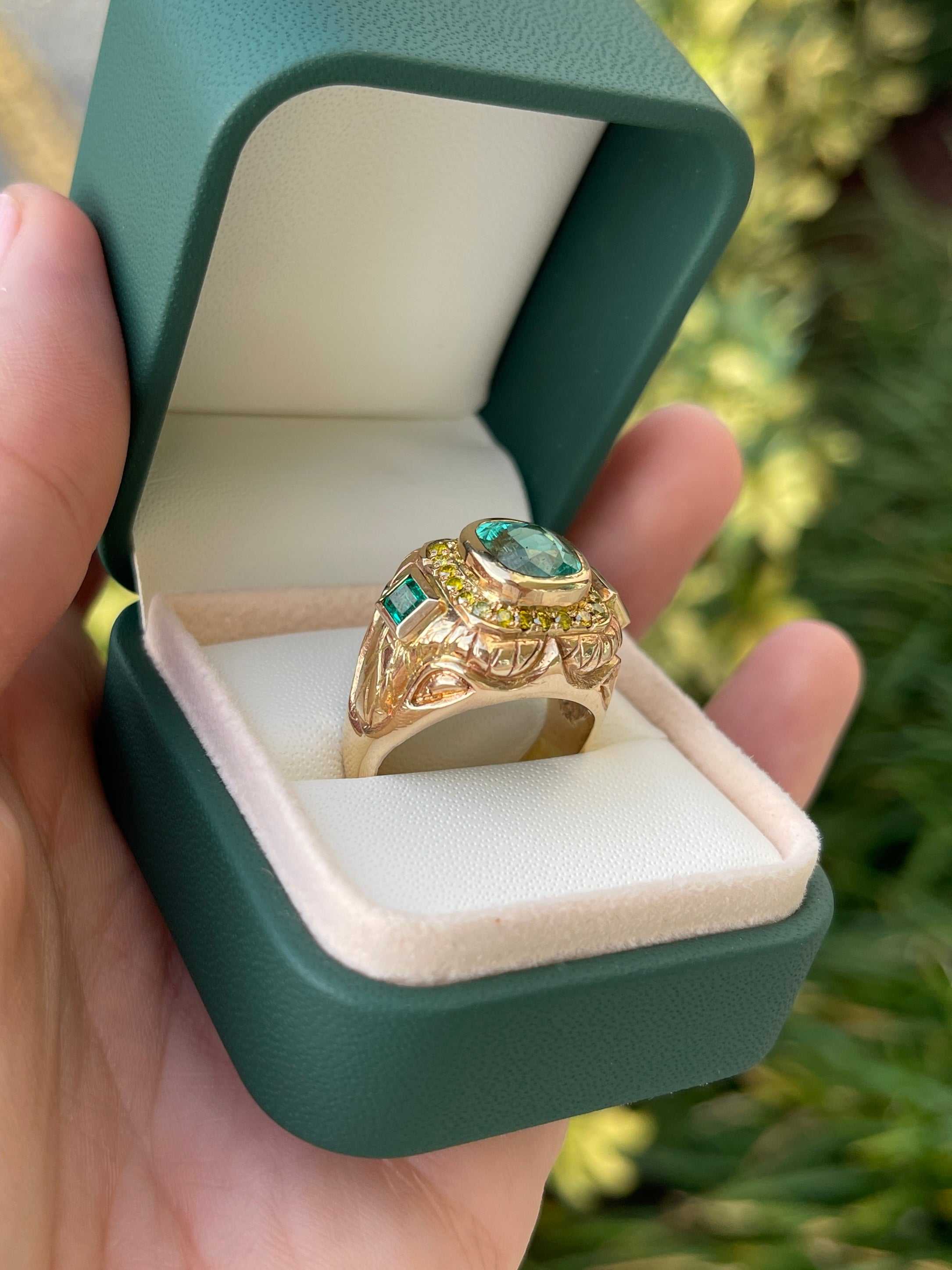 4.18tcw 14K Colombian Emerald Cushion & Princess Emerald Yellow Diamond Accent Mens Ring - JR Colombian Emeralds
