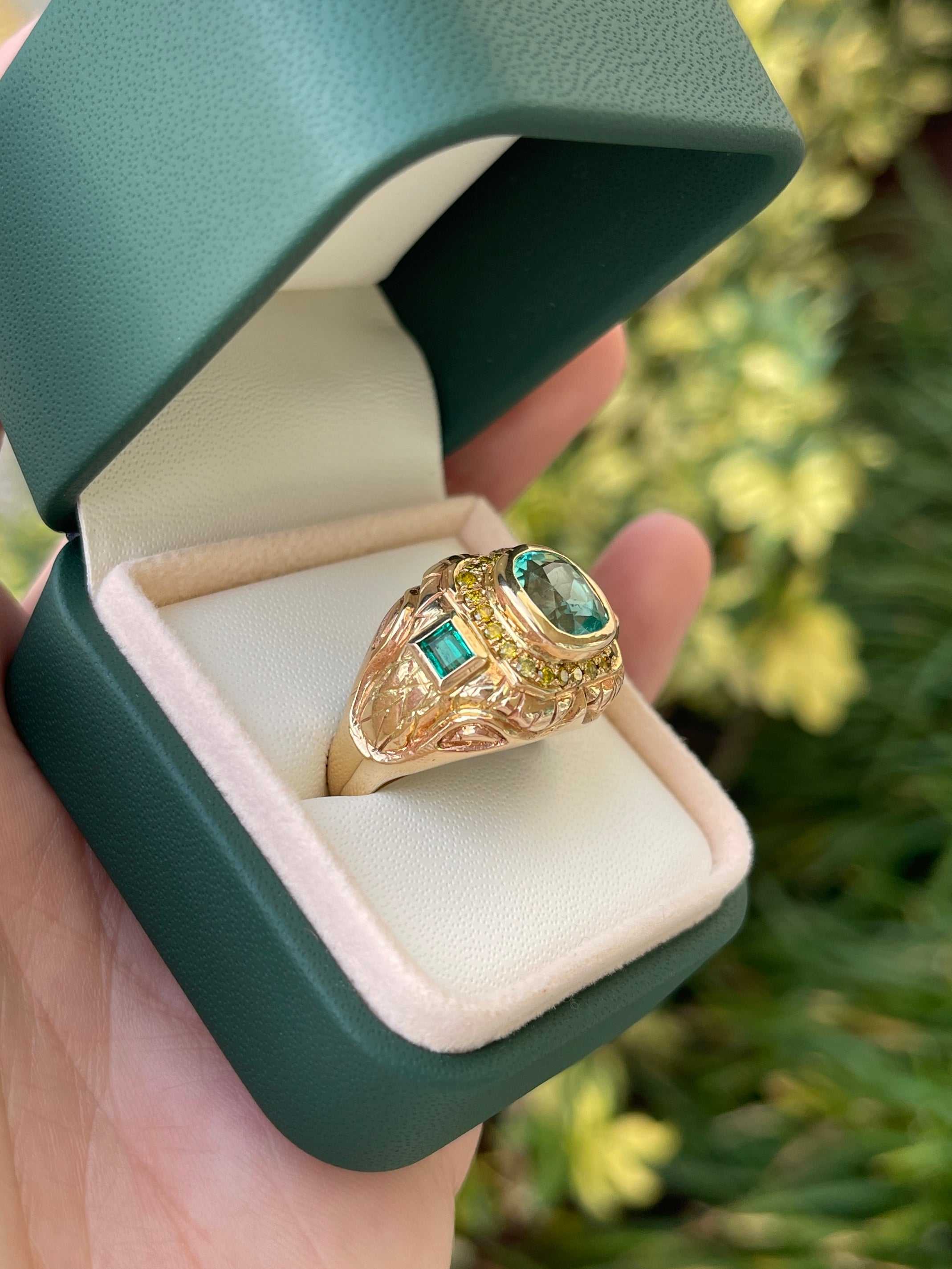 4.18tcw 14K Colombian Emerald Cushion & Princess Emerald Yellow Diamond Accent Mens Ring - JR Colombian Emeralds