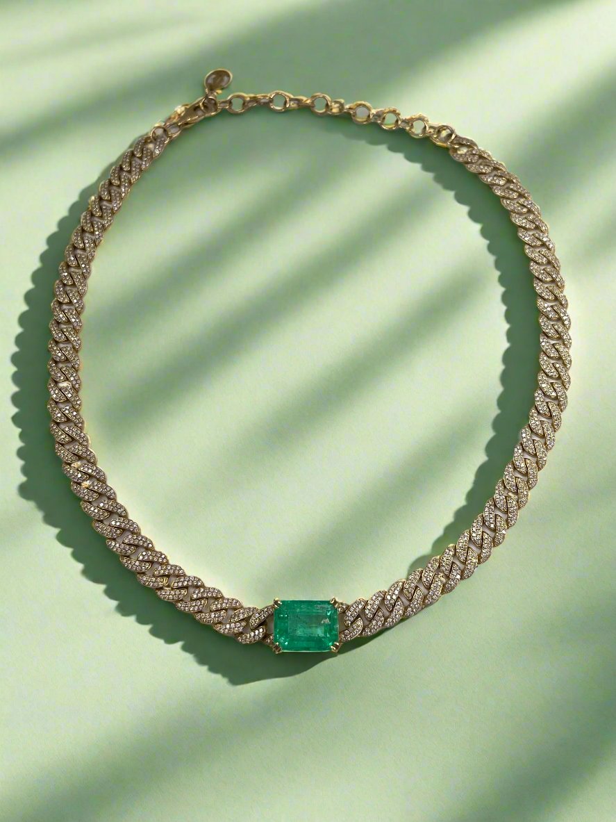17.46tcw Colombian Emerald & Diamond Iced Out Choker Cuban Link 18K - JR Colombian Emeralds