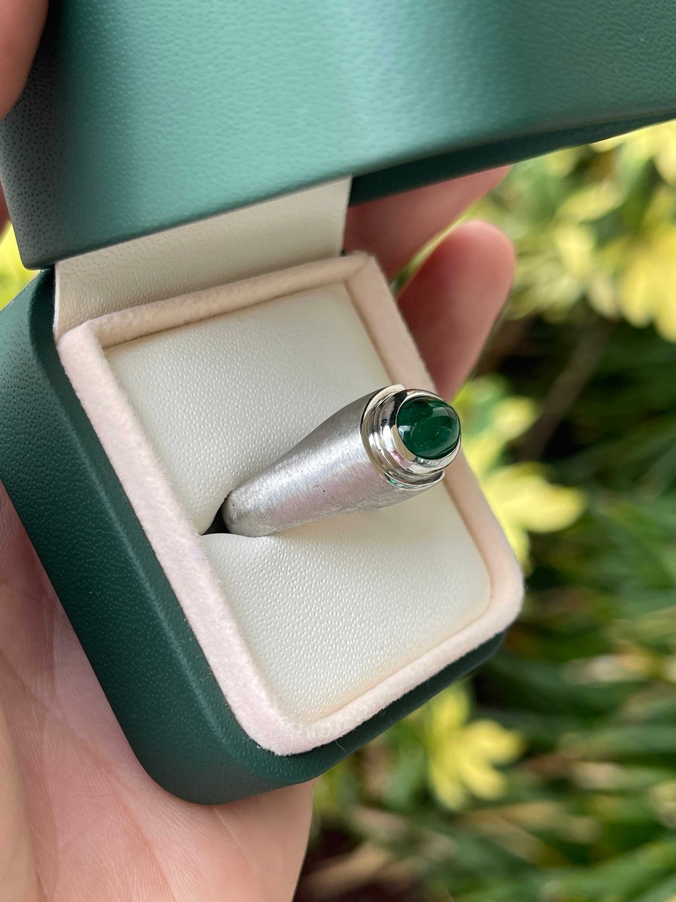 1.70 Carat Dark Top Green Emerald Cabochon Mens Ring 14K - JR Colombian Emeralds