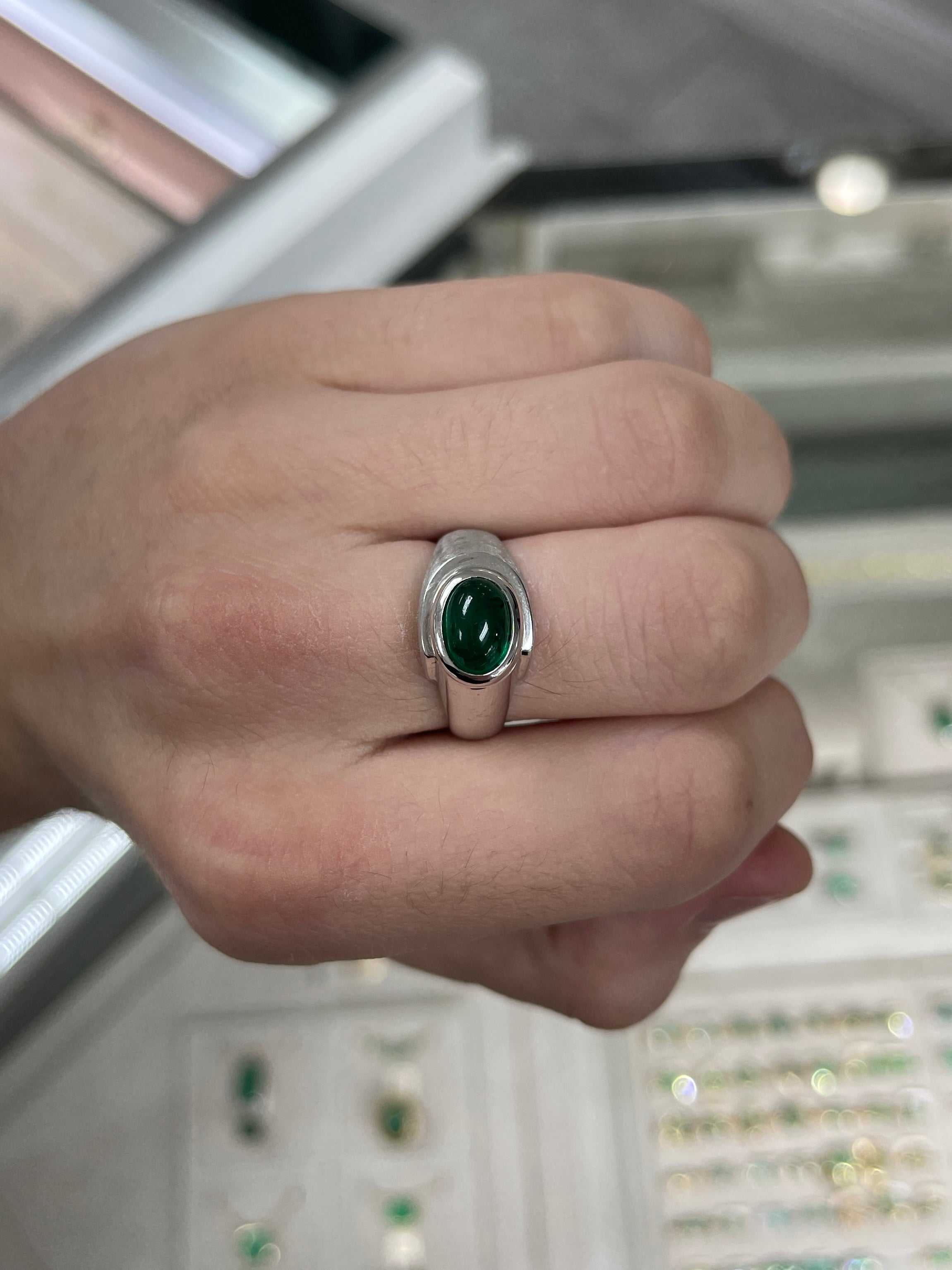 1.70 Carat Dark Top Green Emerald Cabochon Mens Ring 14K - JR Colombian Emeralds