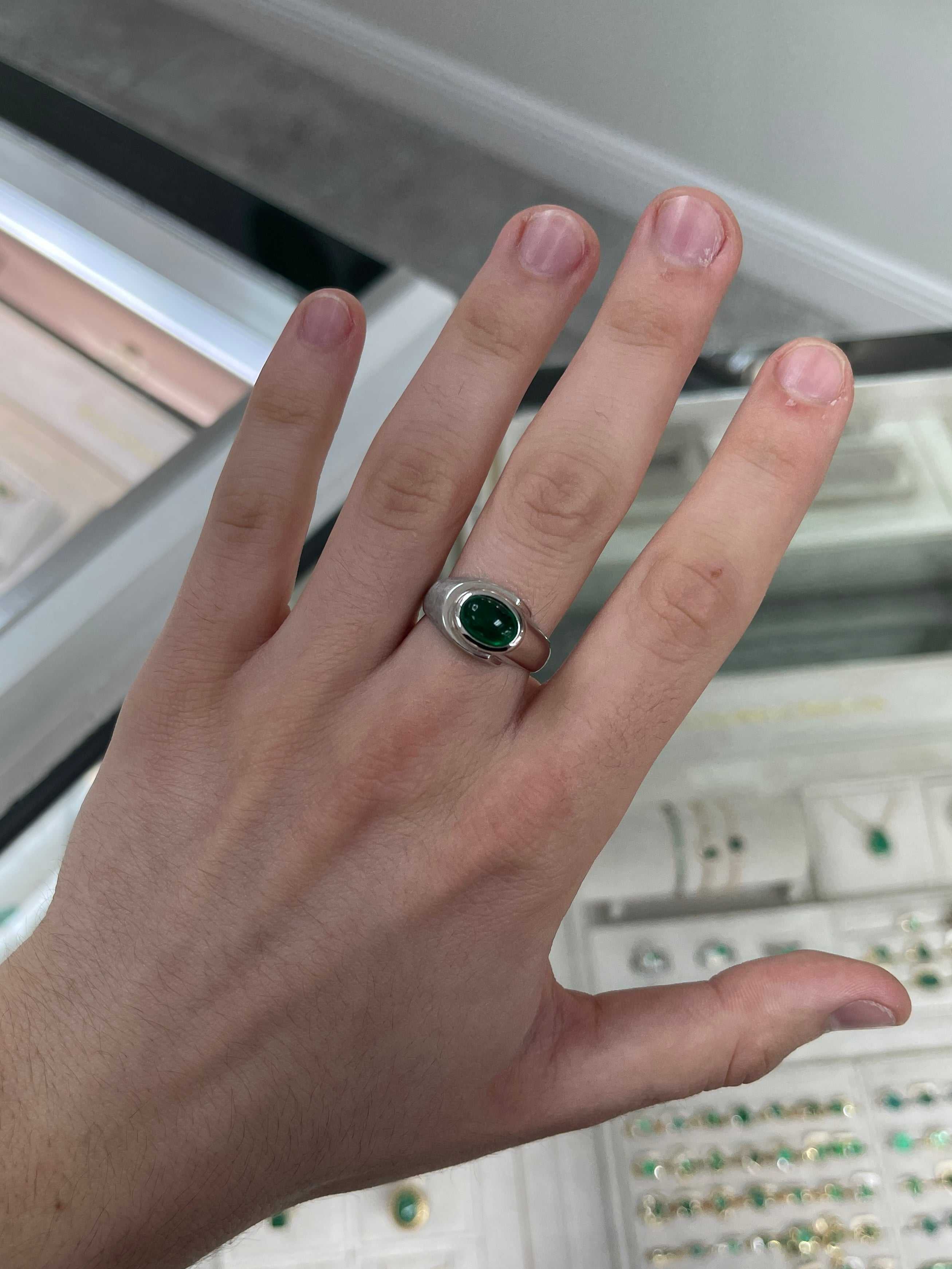 1.70 Carat Dark Top Green Emerald Cabochon Mens Ring 14K - JR Colombian Emeralds