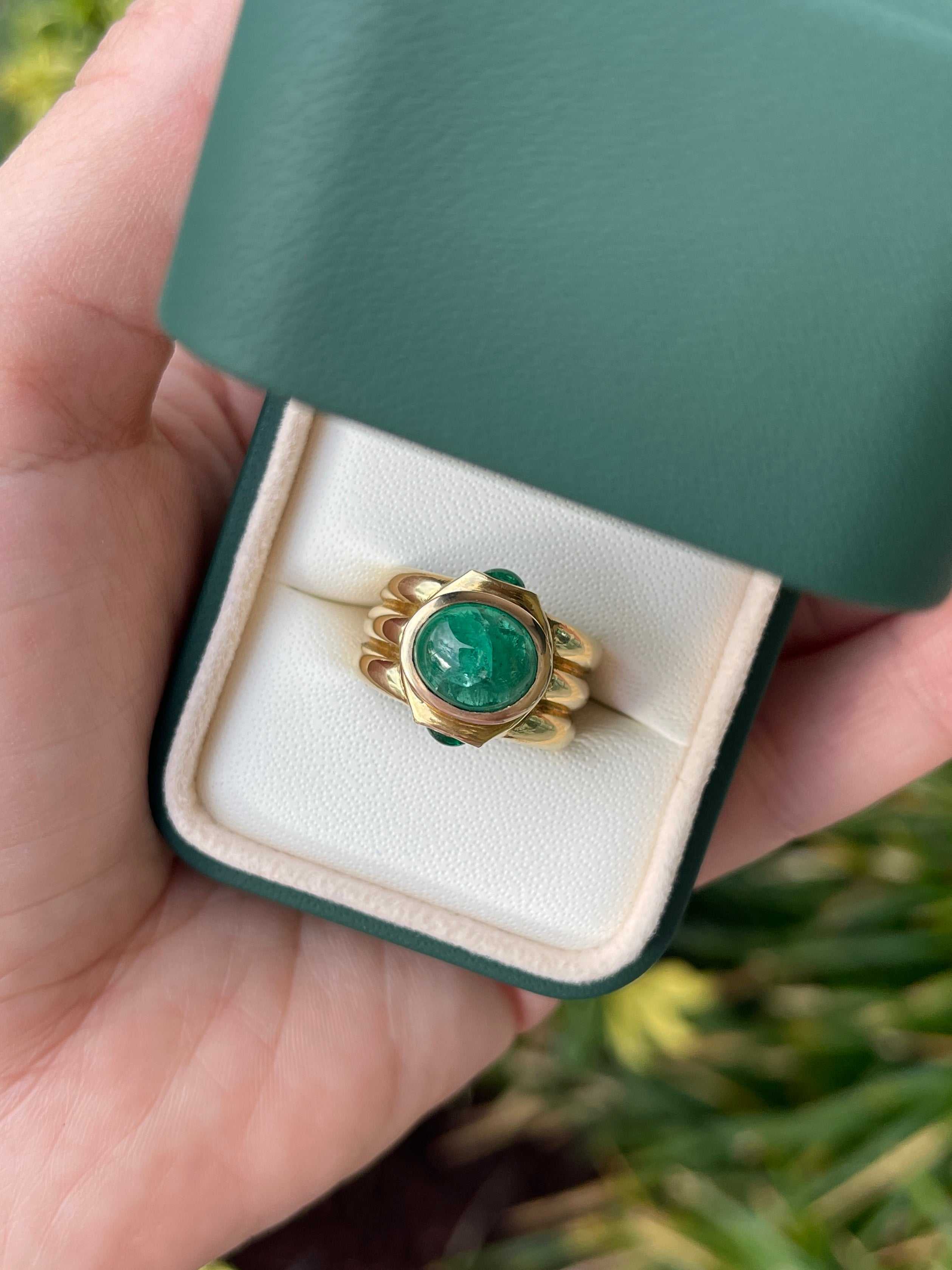 3.87tcw Natural Emerald Cabochon Three Stone Mens Ring 14K